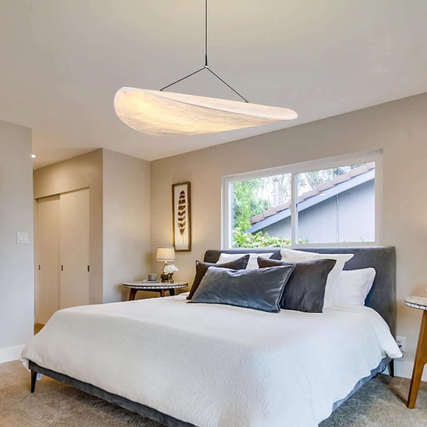 Nowoczesna lampa wisząca z jedwabiu LED duża biała wisząca lampa sufitowa w stylu nordyckim regulowana wysokość żyrandol Wabi Sabi Deco do salonu kuchni wyspy jadalni