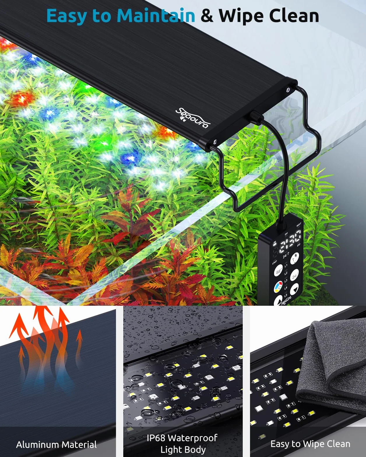 SEAOURA Światło akwariowe do akwarium, niestandardowy timer 24/7, pamięć wyłączania, 7-rzędowe diody LED 61-76 cm pełne spektrum światła do akwarium z ryb, 8 kolorów, 20 jasności, cykl dzienny i nocny