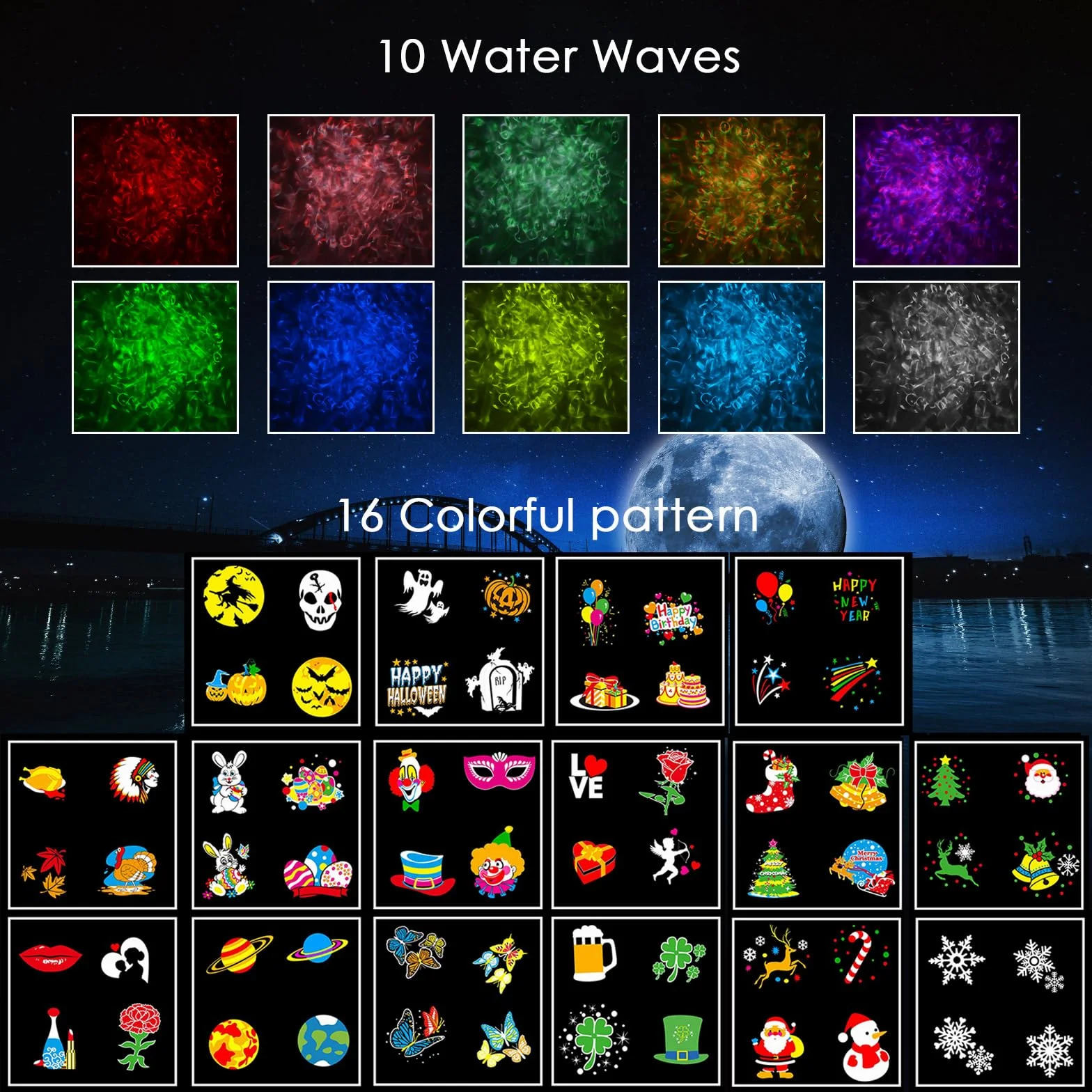 YAZEKY Christmas Projector Lights 16 wzorów LED 10 kolorów Efekt fali wodnej Pilot 2 w 1 IP65 Projektor płatków śniegu Dekoracja lampy na Boże Narodzenie, urodziny, wesele, na zewnątrz, wewnątrz