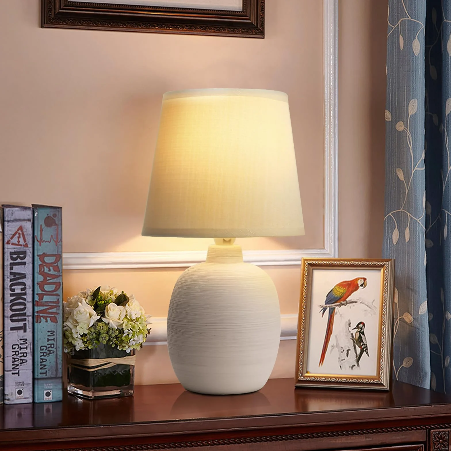 Aigostar Lampa stołowa E14 LED abażur z tkaniny vintage do sypialni