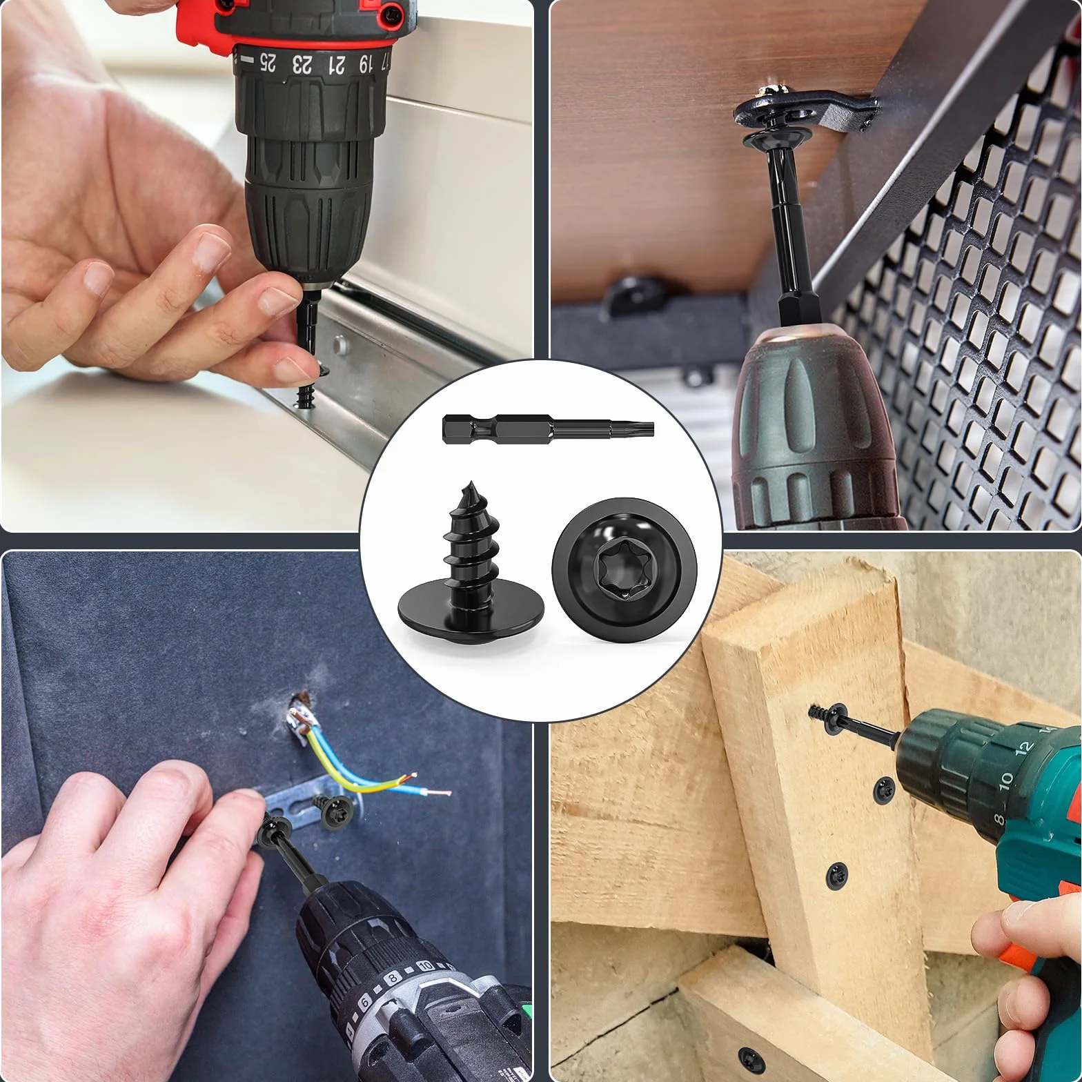 Dayalo 50 sztuk wkrętów do blachy 3,9 x 9,5 mm, z łbem płaskim i podkładką do wkrętaków, wkręty do drewna Torx, stal szlachetna A2 V2A, czarne tlenki, z końcówką śrubokręta