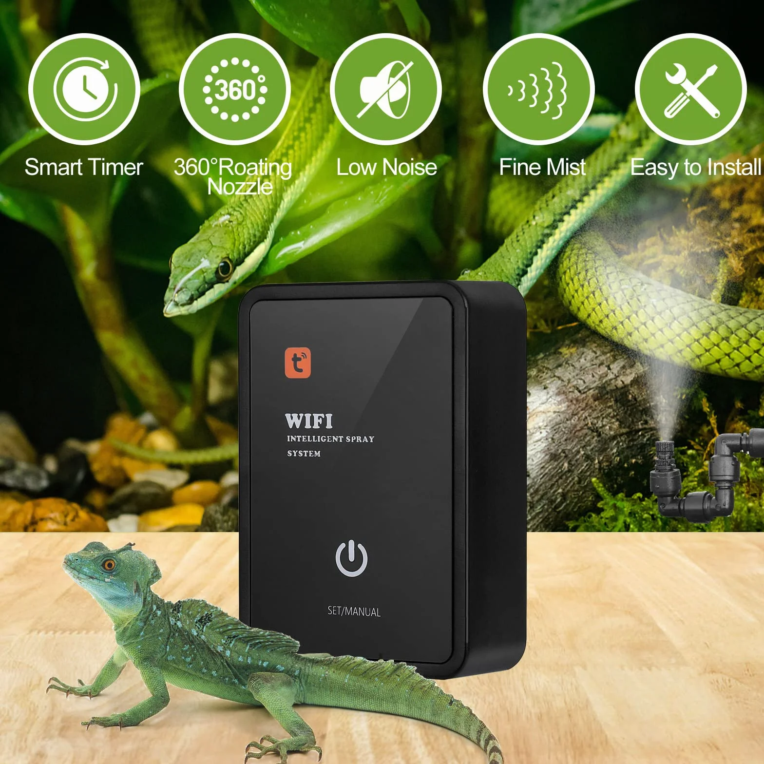 Diealles Shine inteligentny system mgiełki gadów, system mgły do terrarium z dyszami natryskowymi, regulacja 360°, mgiełka do gadów, płazów, roślin, kwiatów, lasów deszczowych