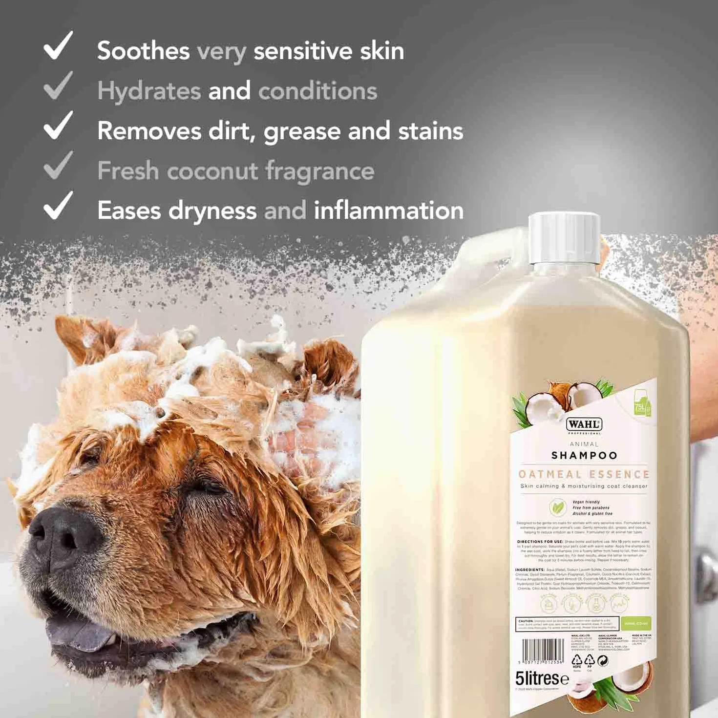 WAHL Szampon dla Psów Oatmeal Essence - 5L, Koncentrat 15:1, Naturalna Formuła, Wegański, Wrażliwa Sierść i Skóra
