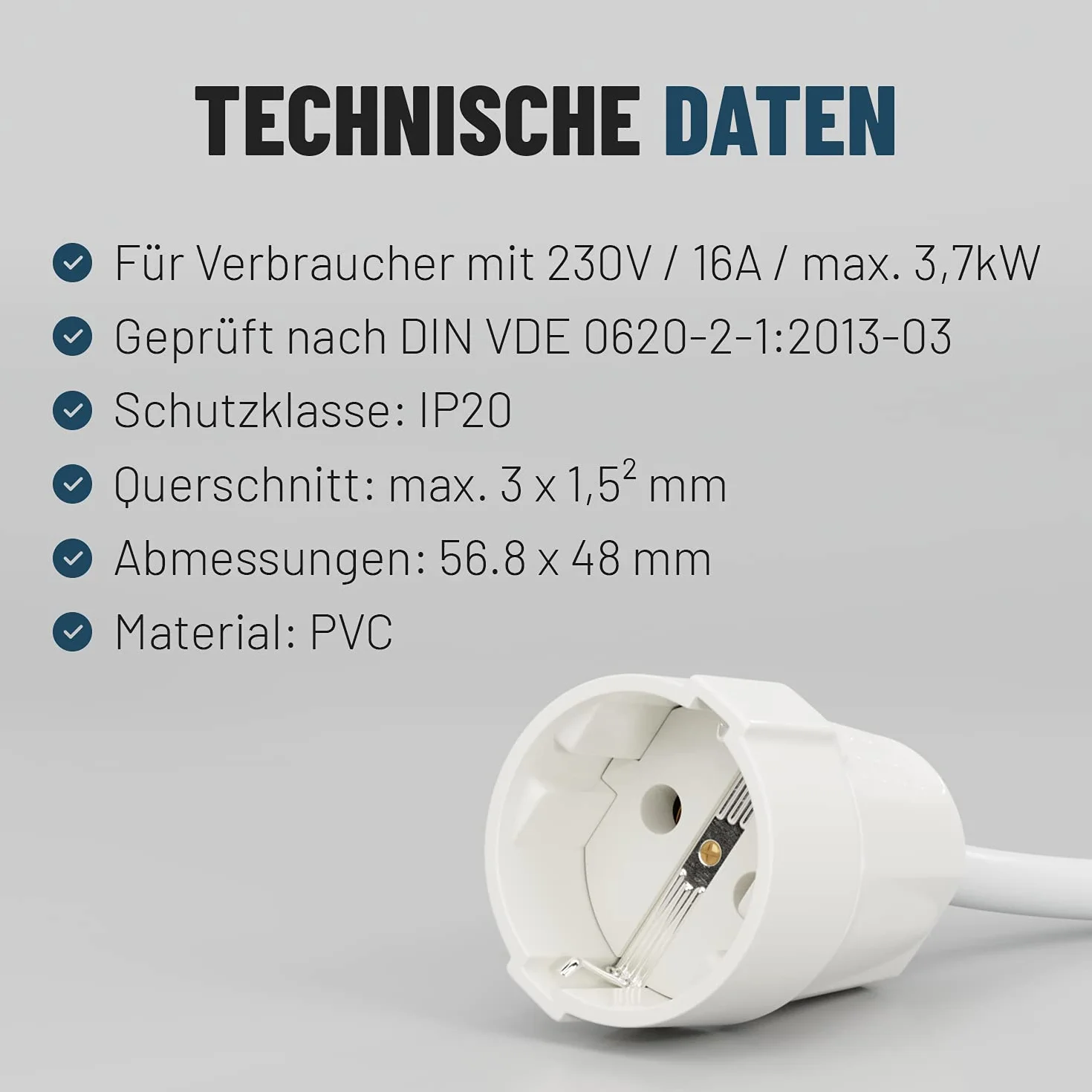 ABSINA 3x Wtyczka Schuko biała z łagodzeniem naprężeń - wtyczka ochronna PVC 230V, 2-biegunowa, 16A & 3,7kW - wtyczka Schuko IP20 do wnętrz