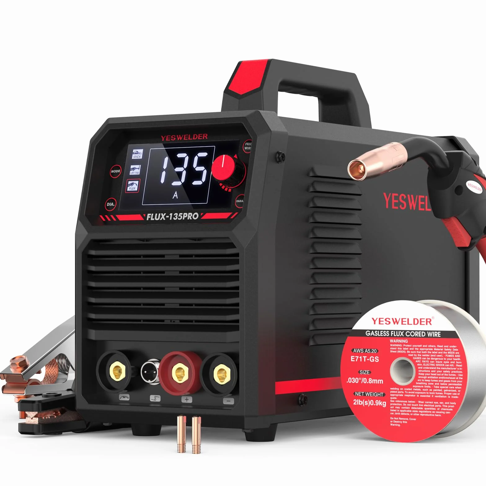 YESWELDER 135Amp MIG Spawarka bez Gazu 230V Rdzeń Topnika Maszyna do Spawania Flux MIG/Lift TIG/Stick 3 w 1 Spawacz Duży Cyfrowy Wyświetlacz LED IGBT Inverter Zgrzewarka