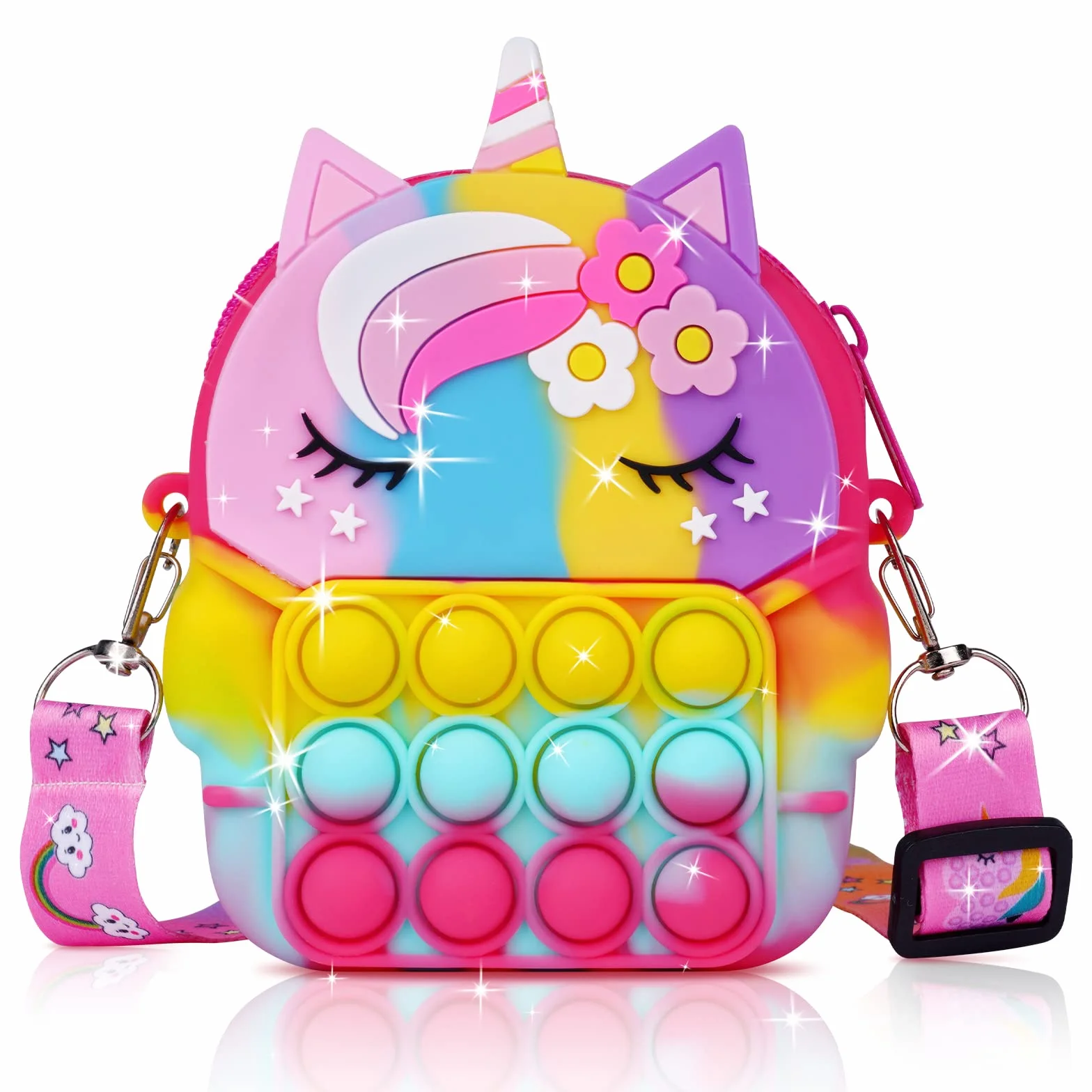 Ainiv Torba crossbody Pop it 2 w 1, jednorożec, torba na ramię dla dziewcząt, silikonowa, mała torebka z regulowaną długością, łagodząca stres, dla dorosłych i dzieci, kolorowa