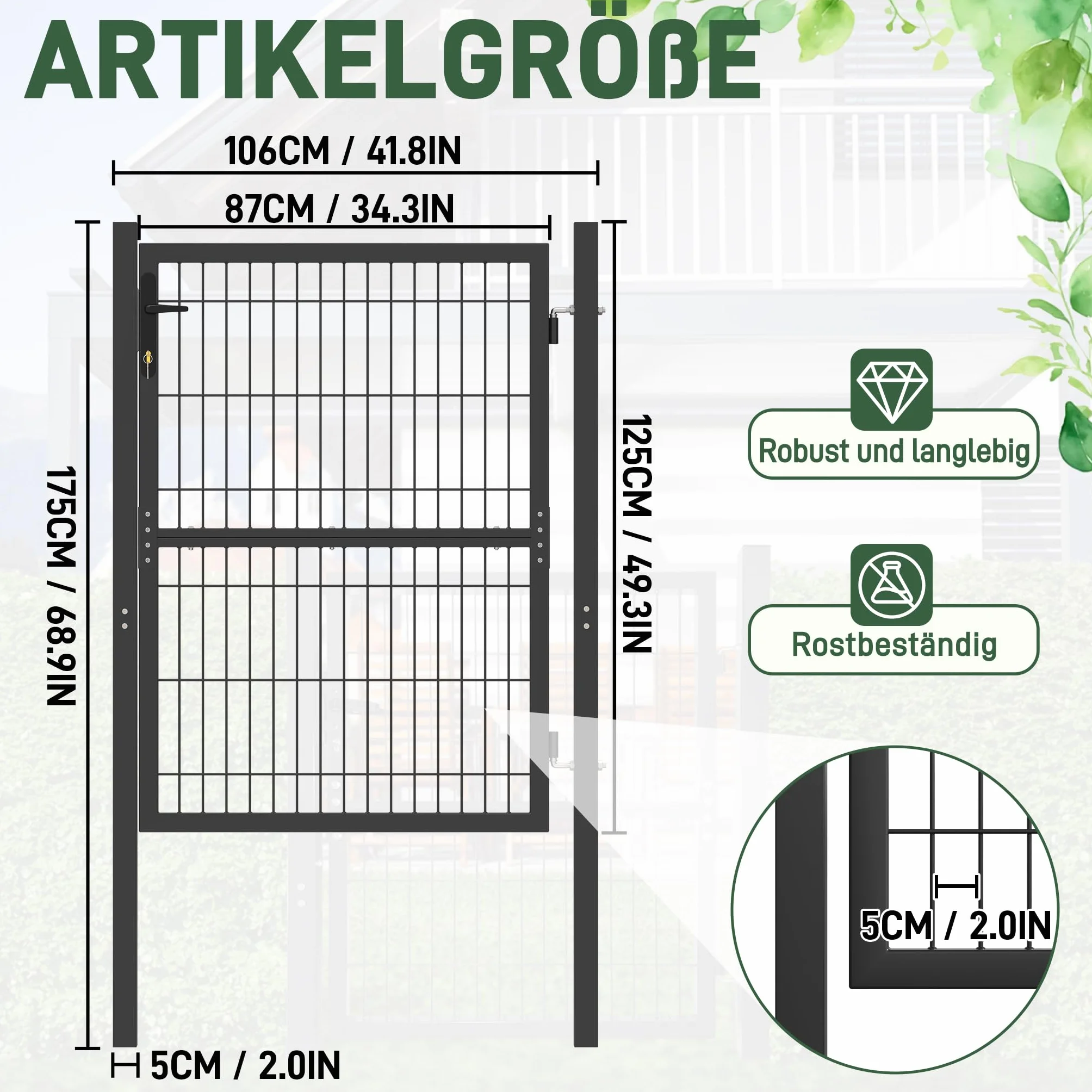 Brama i furtka ogrodowa 125 x 100 cm stal zamek klamka klucze