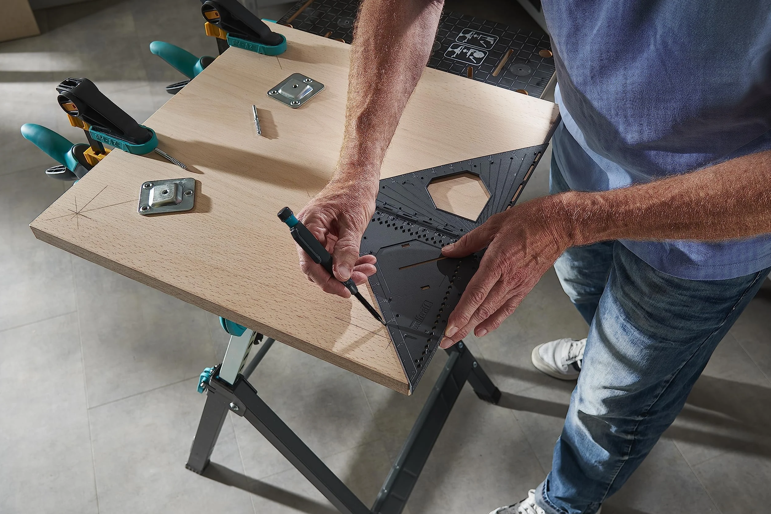 wolfcraft Kąty pomiarowe i oznaczające Vario 3D PRO I 5219000 I składane narzędzie pomiarowe do powierzchni i trójwymiarowych przedmiotów, tworzywo sztuczne