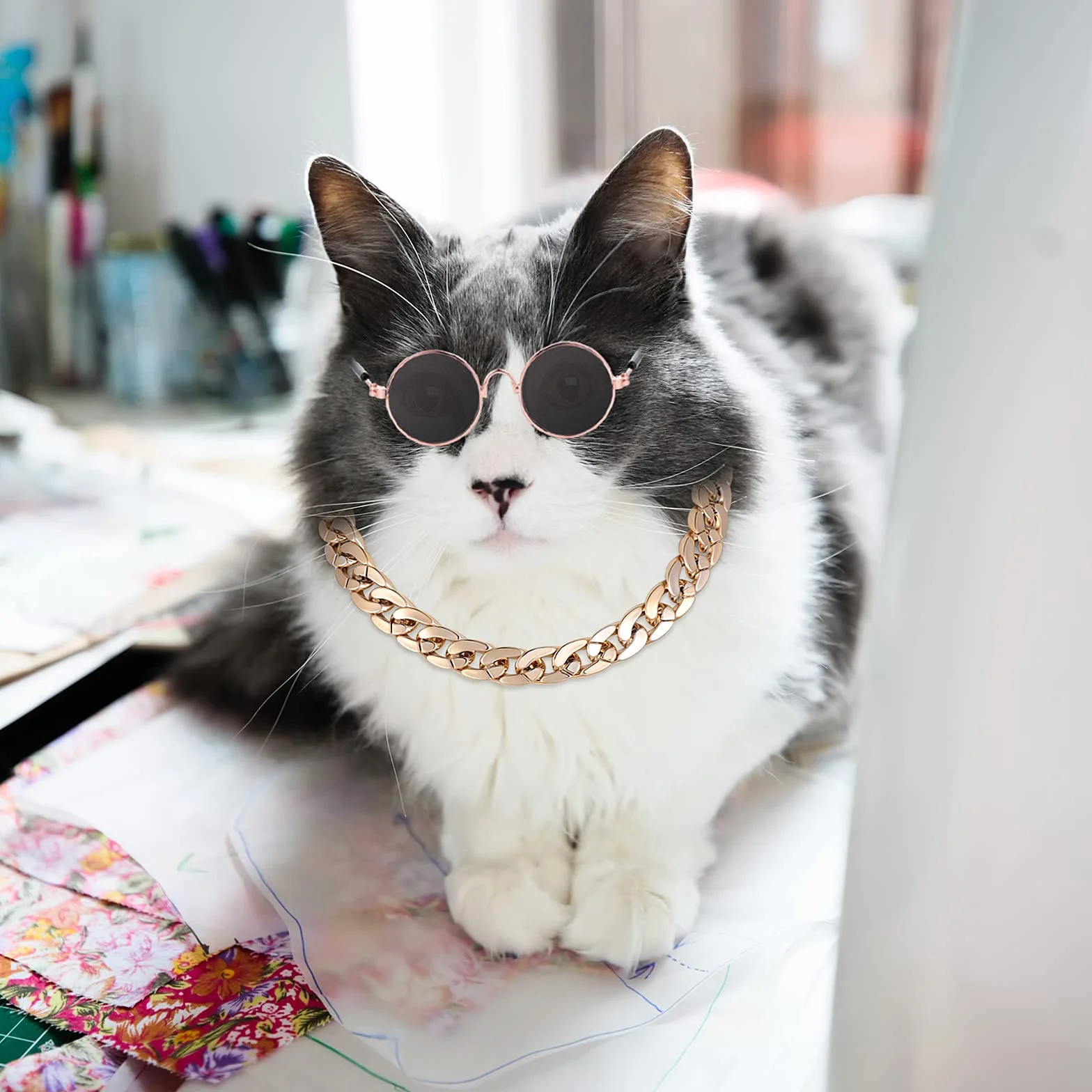 Molain Okulary przeciwsłoneczne dla kotów, ochrona przed promieniowaniem UV, klasyczne, retro, małe psy, okulary przeciwsłoneczne, lalki, okrągłe okulary przeciwsłoneczne, impreza, cosplay, rekwizyty,