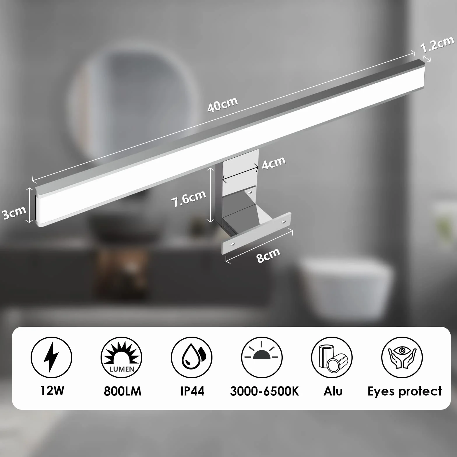 KYOTECH Lampa LED nad lustro łazienkowe, ściemniana, 12 W, 400 mm, 800 lm, z przełącznikiem, klasa wodoszczelności IP44, z pilotem zdalnego sterowania, oświetlenie do makijażu, oświetlenie łazienki,