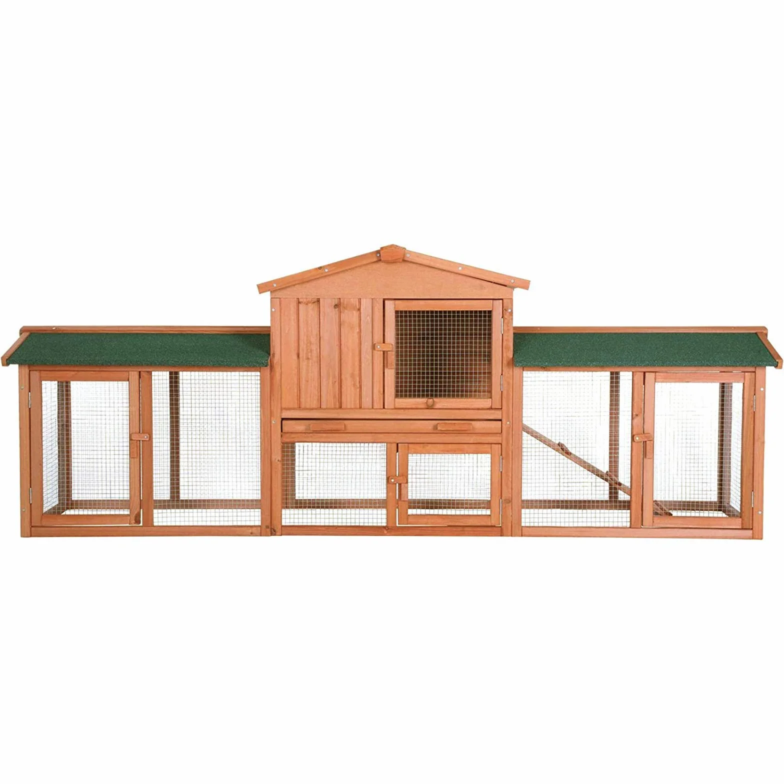 lionto Klatka dla królika z drewna z rampą, 212x52x85 cm, dach z bitumu odporny na wodę, metalowa siatka, domek zimowy z 4 wejściami i wyjmowaną szufladą do użytku zewnętrznego