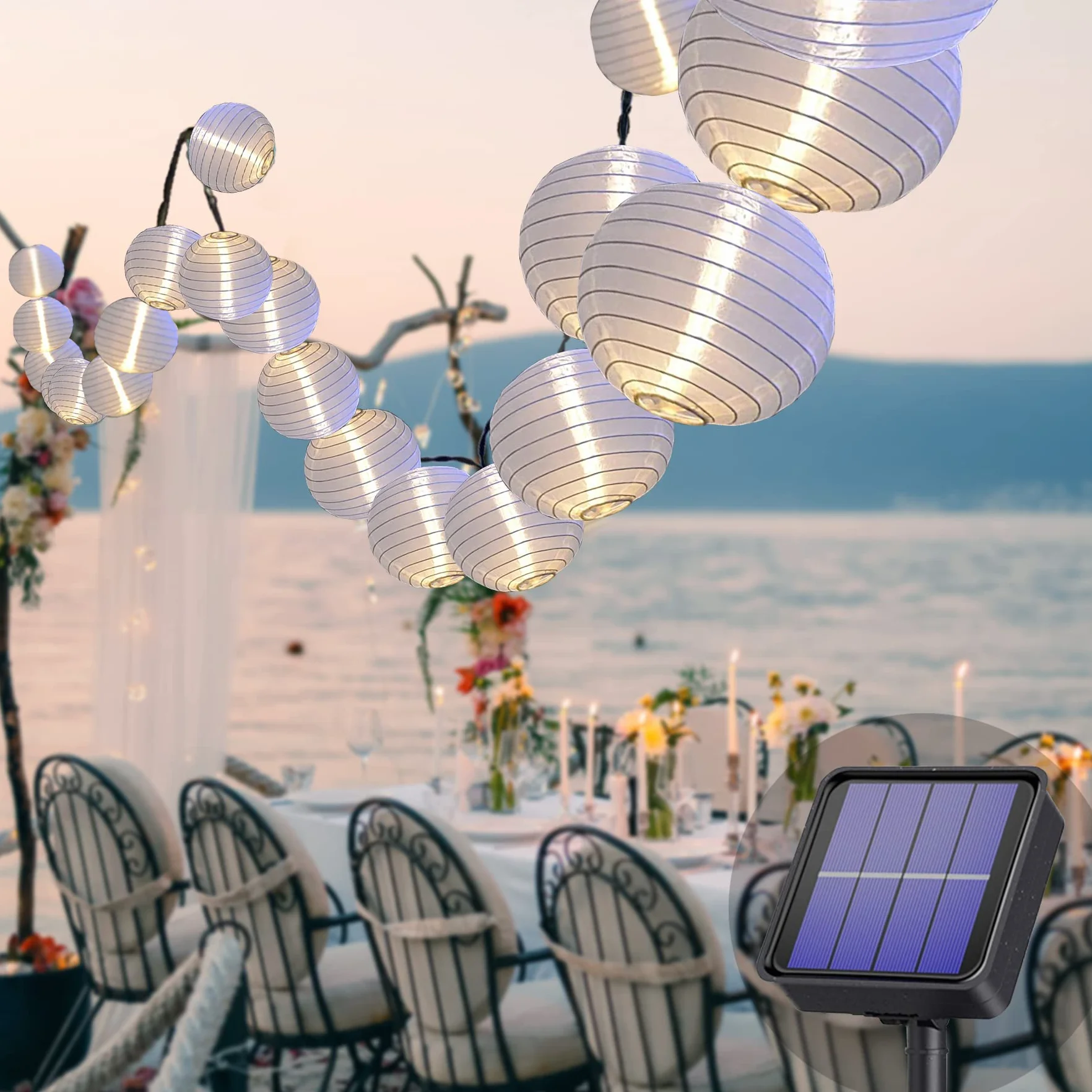Lezonic Solarny łańcuch świetlny do użytku na zewnątrz z lampionami, 8 m, 30 diod LED latarni, 8 trybów, wodoszczelny, solarny łańcuch świetlny, biały, do dekoracji balkonu, ogrodu, podwórza, wesela