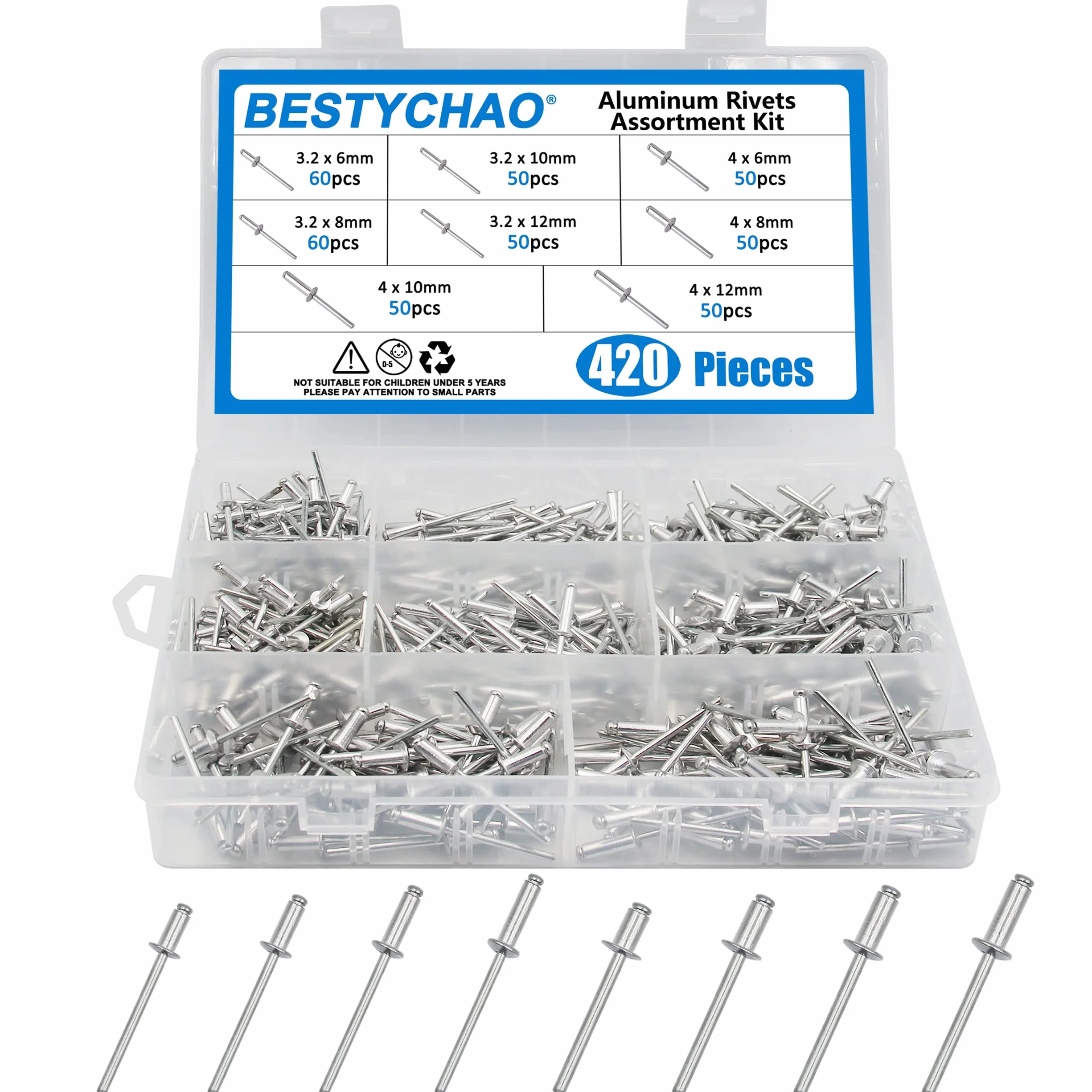420 szt. 8 rozmiarów aluminiowych nitów ślepych, 3,2 mm 4 mm zestaw asortymentowy nitów pop (srebrny)
