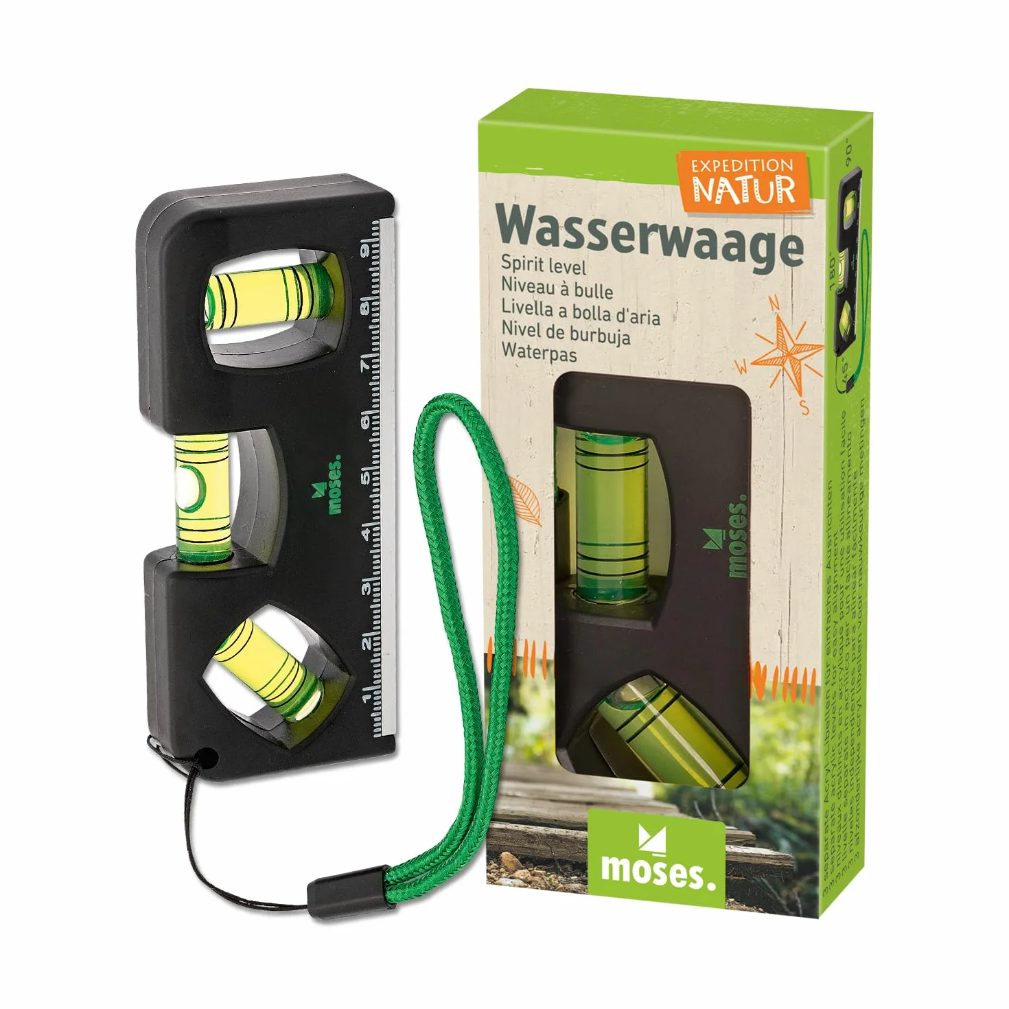 Moses. Expedition Natur poziomica dziecięca, outdoorowa poziomica z magnesem, linijką i paskiem do noszenia, wytrzymałe narzędzie DIY i outdoorowe dla małych odkrywców, czarno-zielona
