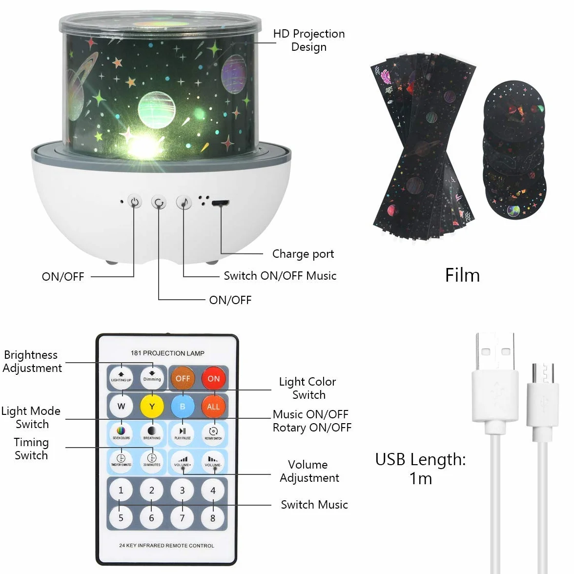 URAQT Projektor gwiaździstego nieba, obrotowy o 360° Starry Projector Light, lampka nocna LED dla dorosłych z timerem i pilotem zdalnego sterowania, 4 tryby świetlne, 6 tematów projekcji, 7 poziomów