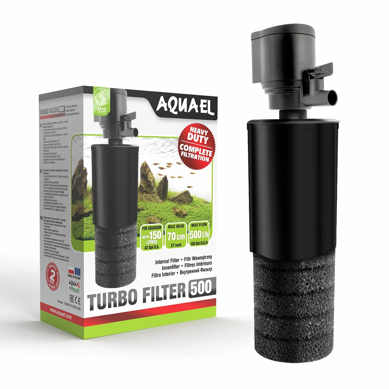 Filtr Turbo 500 – Kompletna filtracja | Filtr wewnętrzny do akwariów słodkowodnych do 150 l | 500 l/h | 4,4 W | napowietrzanie + regulacja