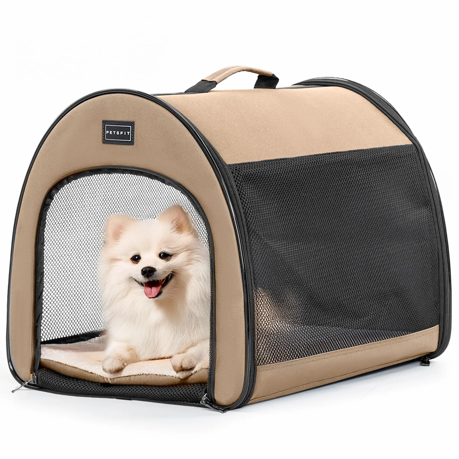 PETSFIT Przenośna skrzynia dla psa 48 cm składana buda z grubą matą khaki