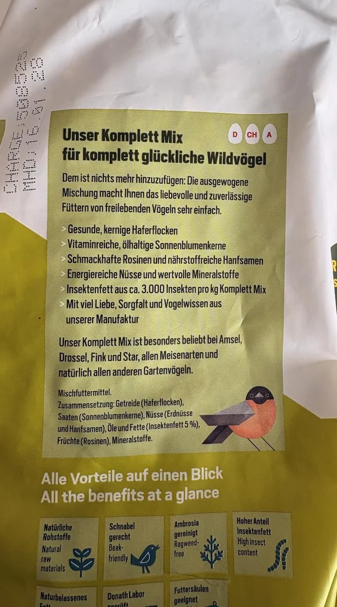 Donath zbilansowana mieszanka - bogata w wysokiej jakości tłuszcz owadów - całoroczna karma dla dzikich ptaków - z naszej manufaktury w południowych Niemczech