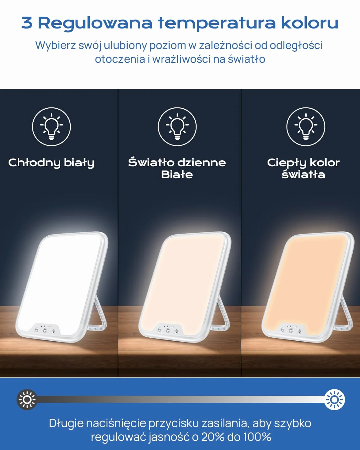Lampa SAD, 10000 luksów SAD lampa do terapii światłem do depresji, światło SAD z 3 temperaturami barwowymi, regulowana jasność, 4 ustawienia timera, kompaktowy rozmiar, pełna lampa światła dziennego