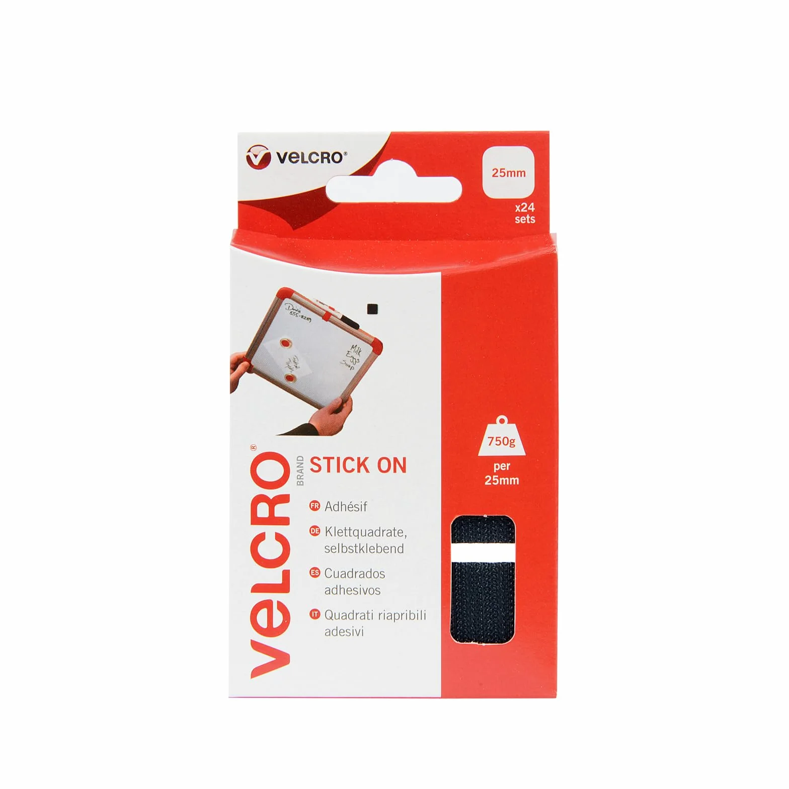 Velcro VEL-EC60236 24 szt., czarne, przyklejane kwadraty, 25 mm