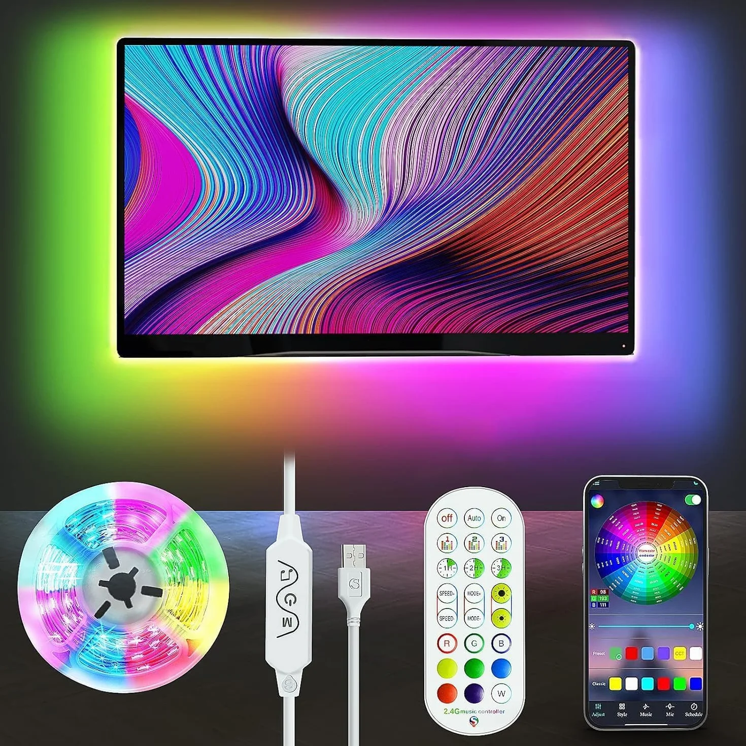 Podświetlenie LED tła TV, 4M pasek LED RGBIC do telewizorów LED o przekątnej 40-75 cali i monitorów PC, z sterowaniem przez aplikację i ulepszoną 2.4G RF zdalnym sterowaniem, synchronizacja z