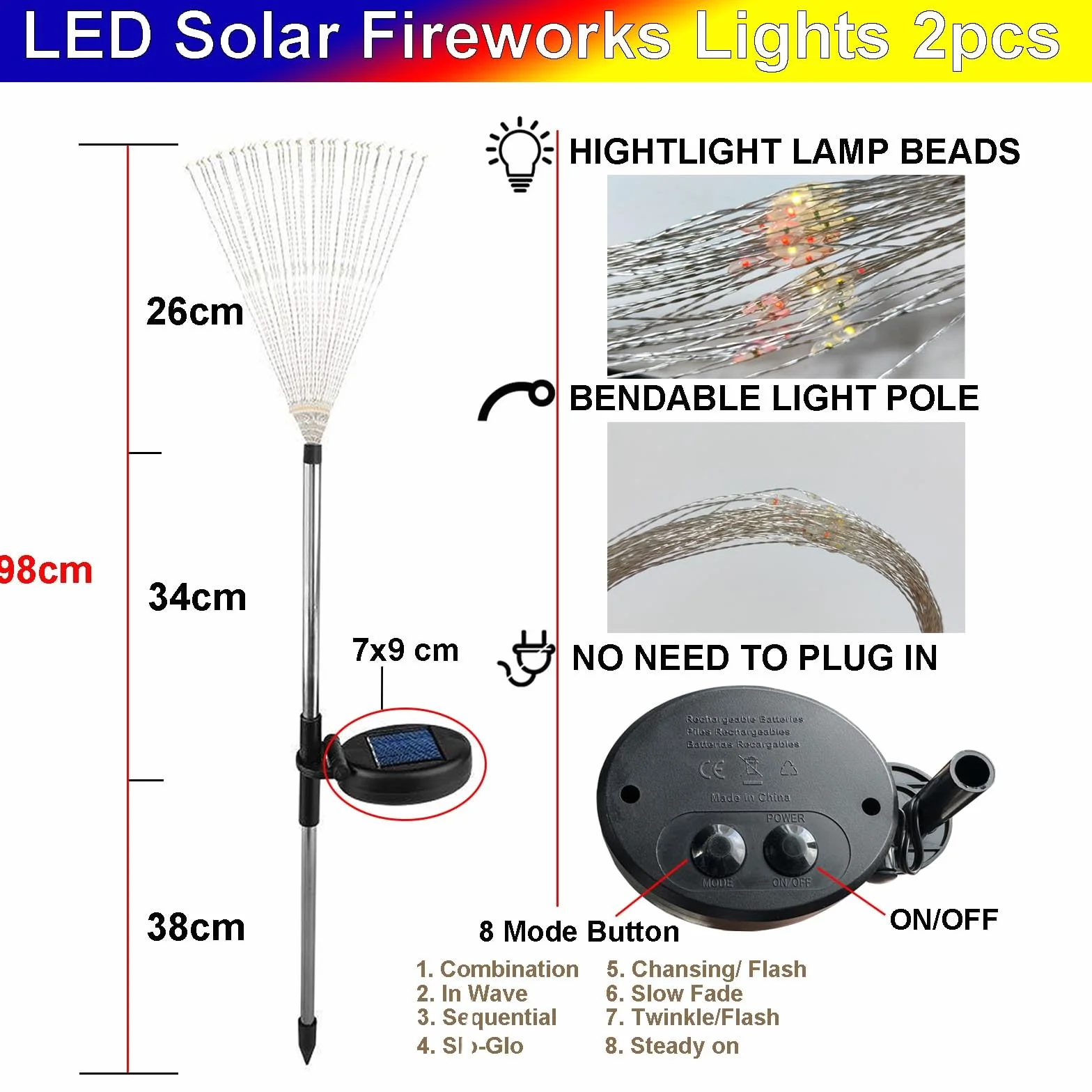 Dekoracja ogrodowa, solarna lampa ogrodowa, do użytku na zewnątrz, do ogrodu, 2 sztuki, 150 LED, lampki ogrodowe, fajerwerki, 8 trybów pracy, wodoszczelne, do ścieżek, skrzynek na kwiaty