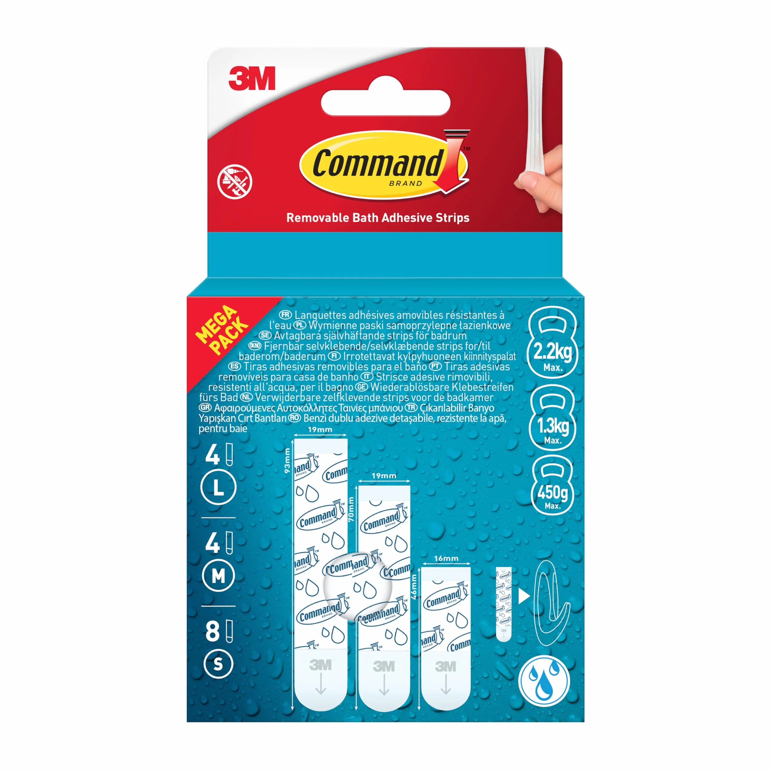 Command 17200B-16-EU-VP usuwalny klej do kąpieli 17200-16-EU-VP, 8 małych + 4 średnie + 4 duże paski, Value Pack, biały, różne