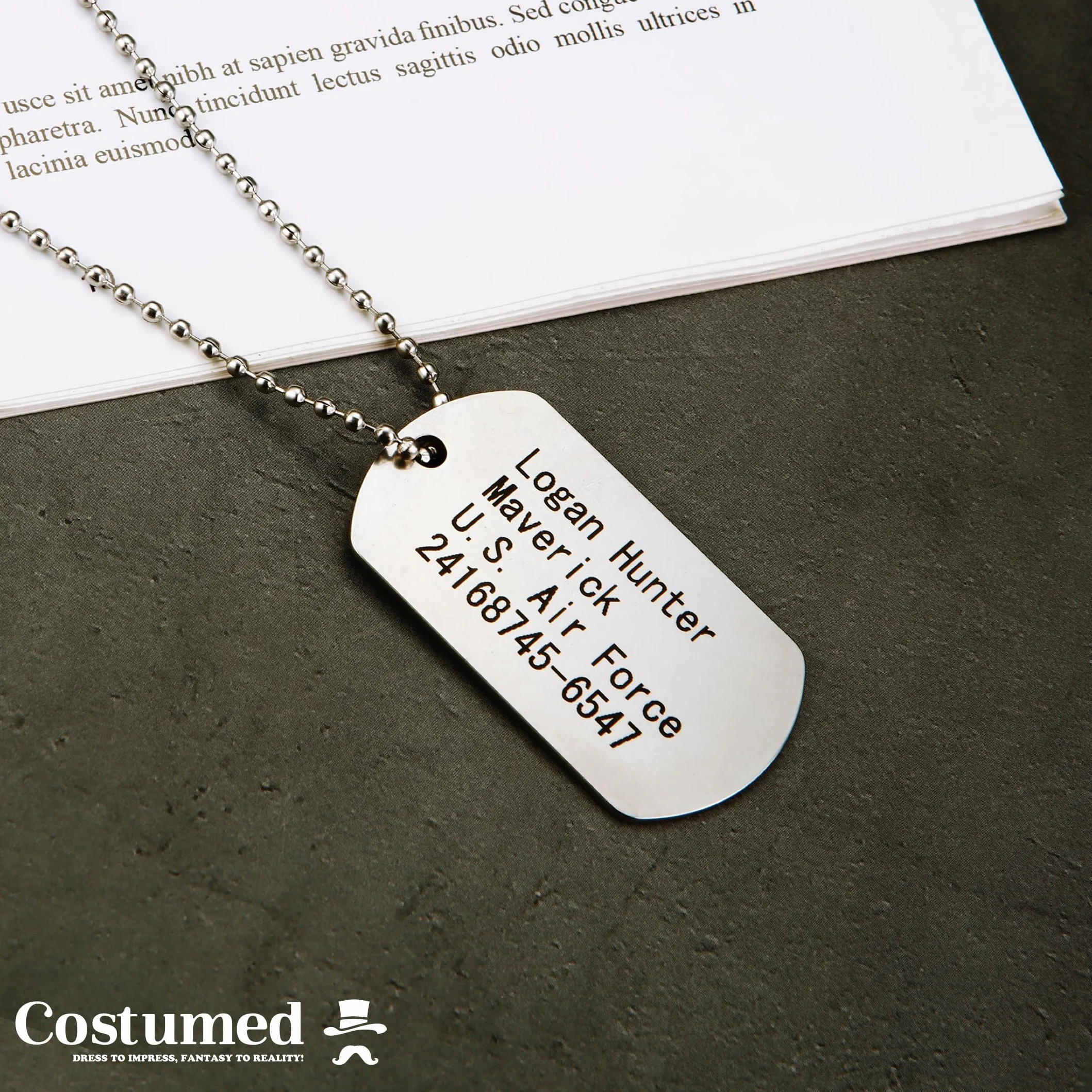 Costumed US Army Dog Tag - Nieśmiertelnik armii amerykańskiej srebrny, identyfikator dla psa - łańcuszek żołnierza jako dodatek na bal karnawałowy i faszyng