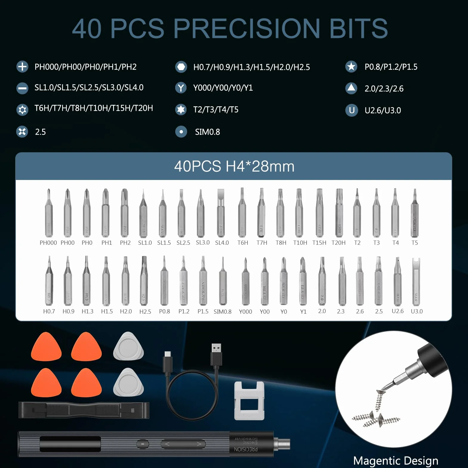 Precision Power Screwdriver, precyzyjny śrubokręt elektryczny, 50 IN 1 mini wkrętarka elektryczna z 40 końcówkami, wkrętarka akumulatorowa z lampką LED do telefonu, zegarka, laptopa