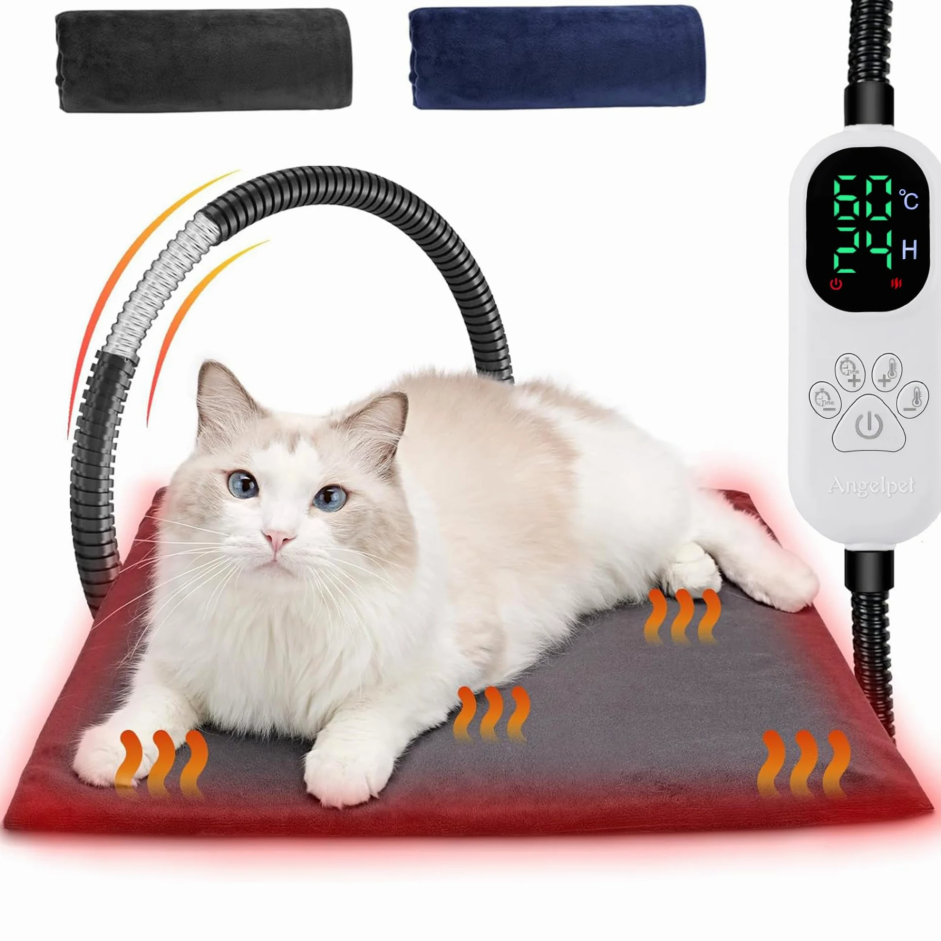 Angelpet Elektryczna Mata Grzewcza dla Psów i Kotów 45x45 cm 30–60℃ 14 Timer Automatyczne Wyłączanie Przewód Odporny na Gryzienie 1,8 m 2 Pokrowce