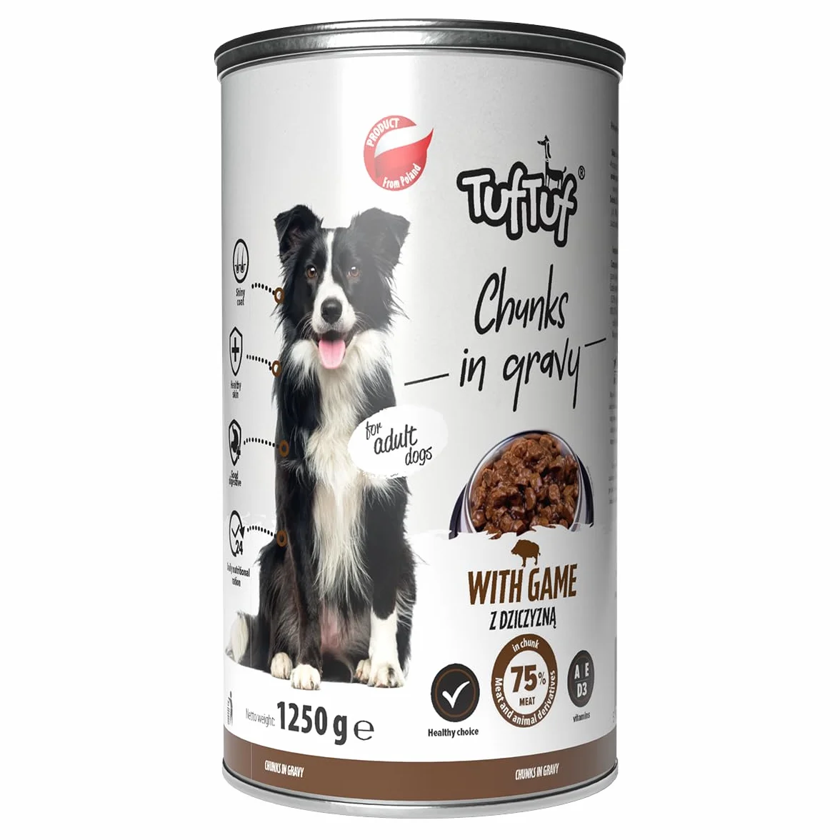 TufTuf Karma Mokra dla Psa, Kawałki Mięsne z Dziczyzną, 1250g, Dla Dorosłych Psów, Puszka, Pełnoporcjowa, Z Dodatkiem Minerałów i Witamin