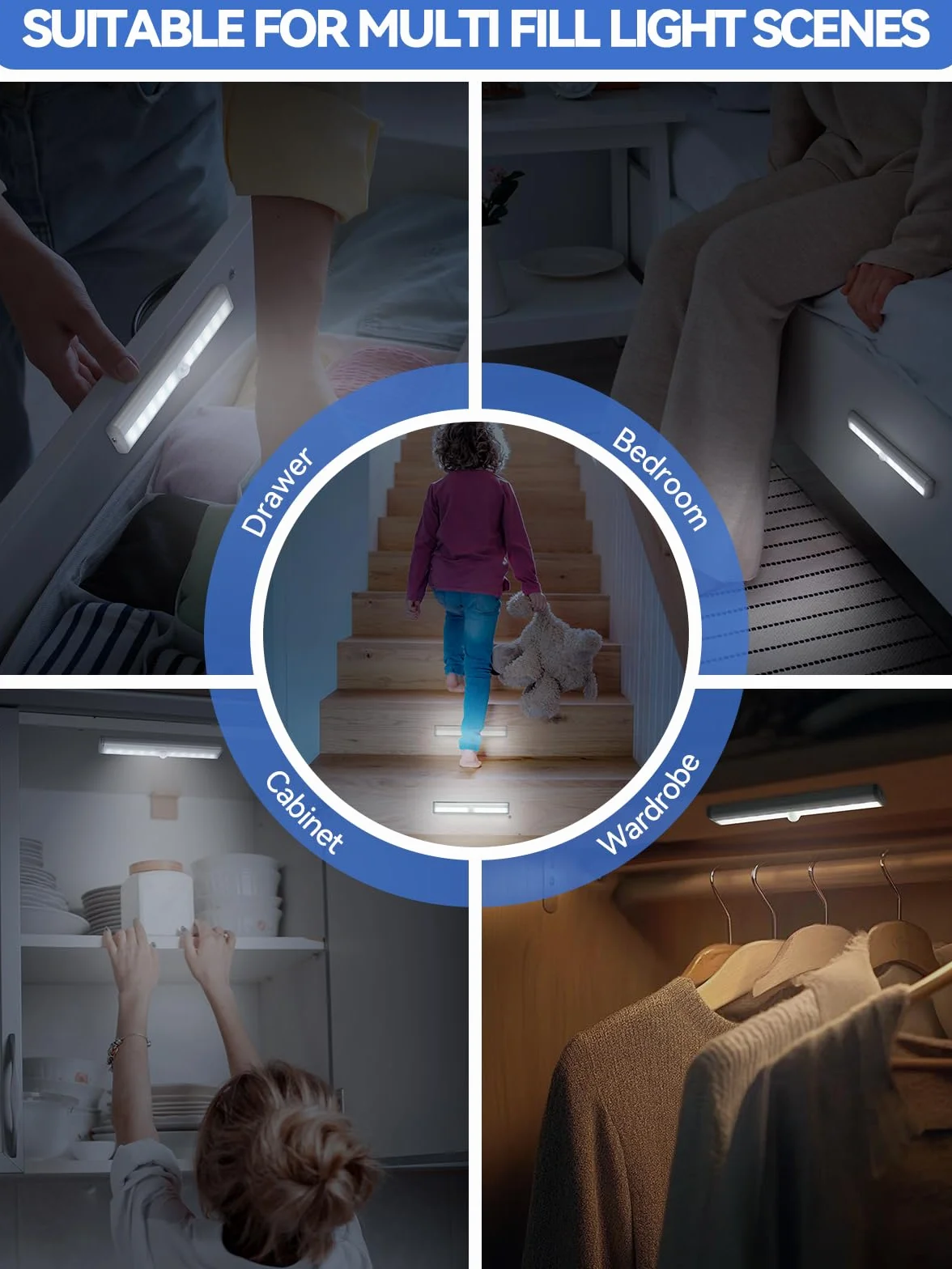 OxyLED Lampka do Szafy z Czujnikiem Ruchu, 4 Sztuki, LED, Oświetlenie Wnętrz, z Paskiem Magnetycznym, Automatyczne Włączanie/Wyłączanie