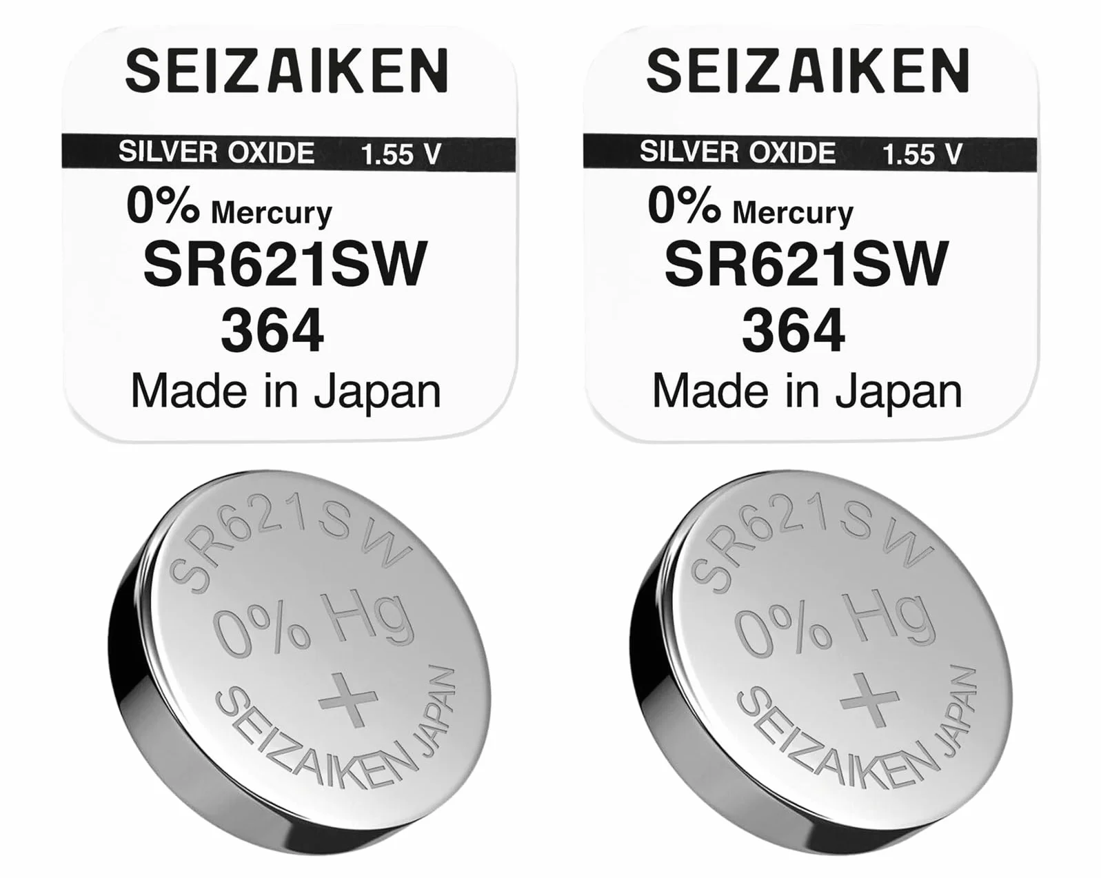2 baterie guzikowe oryginalne SEIZAIKEN 364, SR621SW, 1,55 V, baterie do zegarków z tlenkiem srebra, 0% rtęci, 100% Made in Japonia