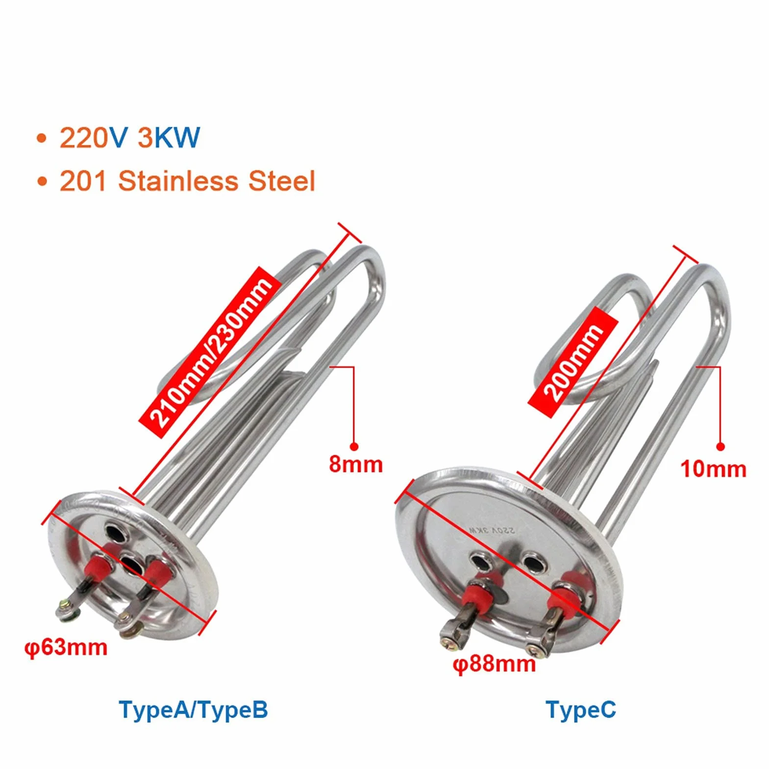 Element grzejny do wody 201 stal nierdzewna 3 kW kołnierz 63 mm 88 mm 220 V