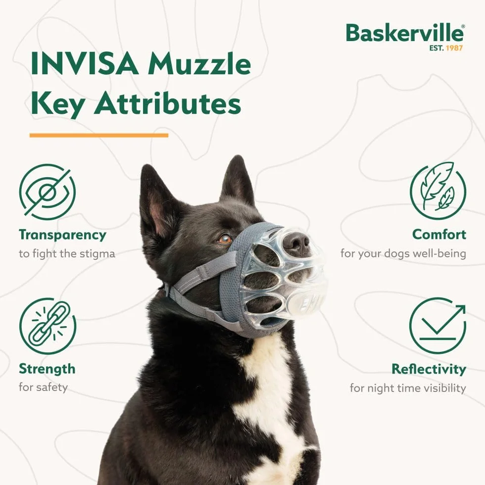 Baskerville INVISA Kaganiec koszykowy dla psa, opatentowany, ludzki design z widocznością twarzy, wyściełany pasek na nos, spodnie i picie, zapobiega gryzieniu i zmiataniu, kaganiec dla średnich psów