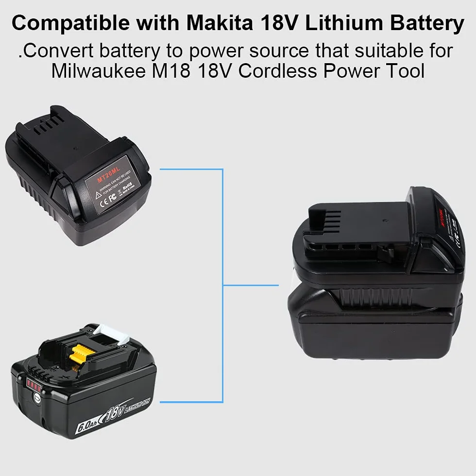 Konwerter adaptera akumulatora MT20ML do elektronarzędzi z akumulatorem litowym Milwaukee M18 18 V, konwertuj z baterią Makita 18 V, 20 V BL1830 BL1840 BL1820 BL1815 do Milwaukee 18V źródło zasilania