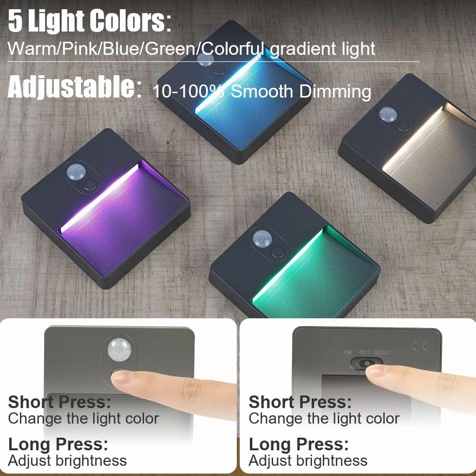 HOTUT Lampka nocna z czujnikiem ruchu, lampki nocne zasilane bateriami, ciepłe światło, 4 kolory RGB, automatyczne włączanie/wyłączanie, światła z czujnikiem schodów wewnątrz, lampka nocna na schody