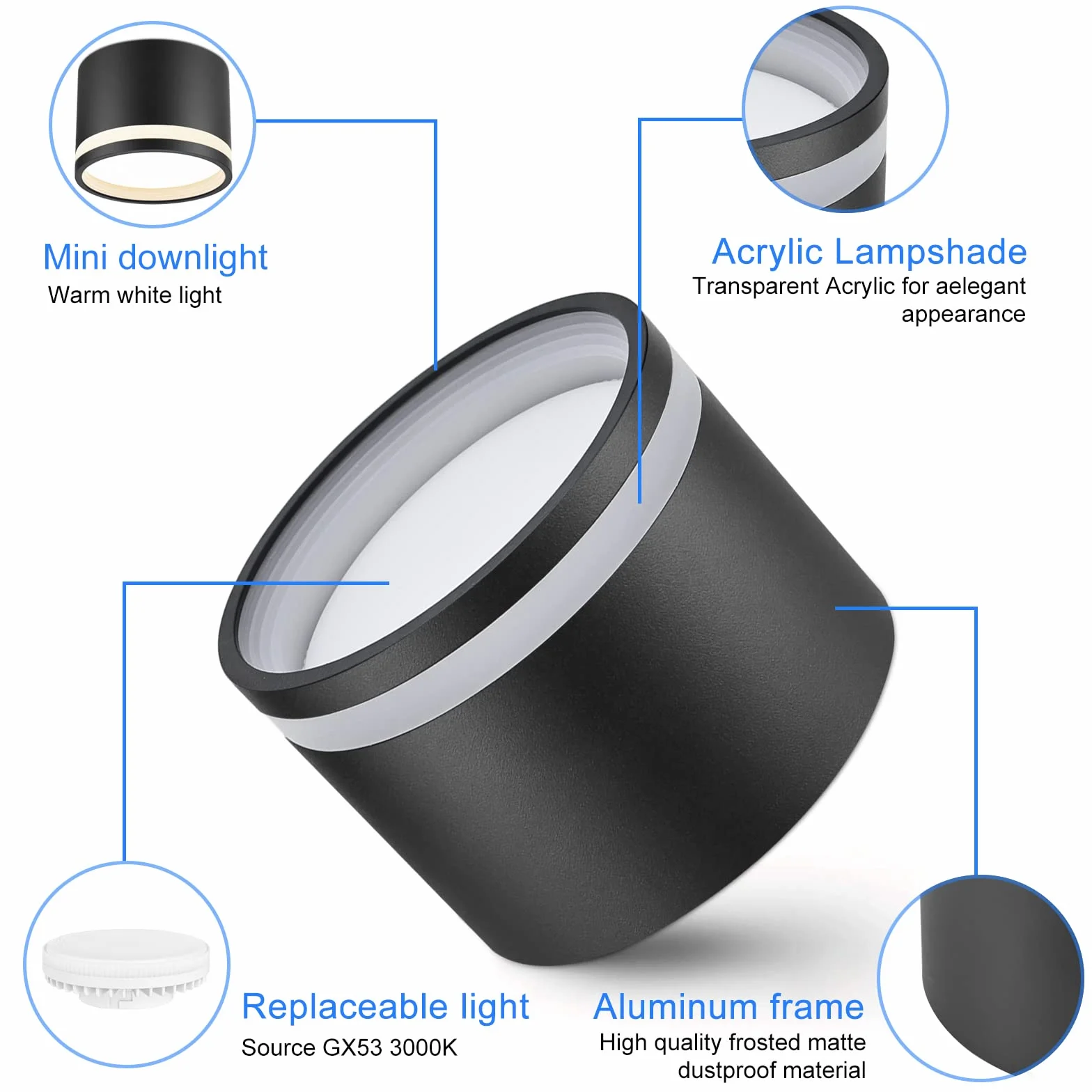 KYOTECH Czarny reflektor sufitowy LED Ø84x67mm z wymienną żarówką 6W GX53 - Ciepła biel 3000K 550LM Wewnętrzna lampa sufitowa z akrylowym pierścieniem