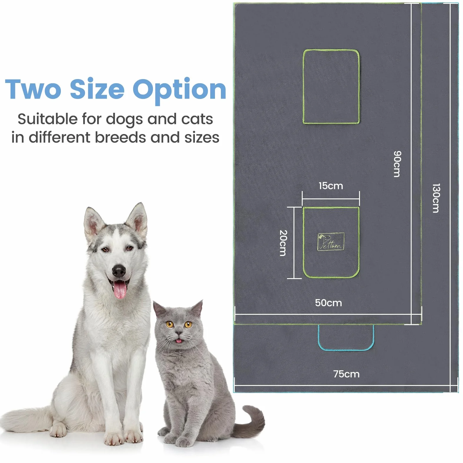 PETTOM 2 sztuki Ręcznik do suszenia dla psa z kieszenią na rękę 90x50 cm, bardzo chłonne ręczniki z mikrofibry dla psów, szczeniąt i kotów, ręcznik do kąpieli dla zwierząt domowych, można prać w
