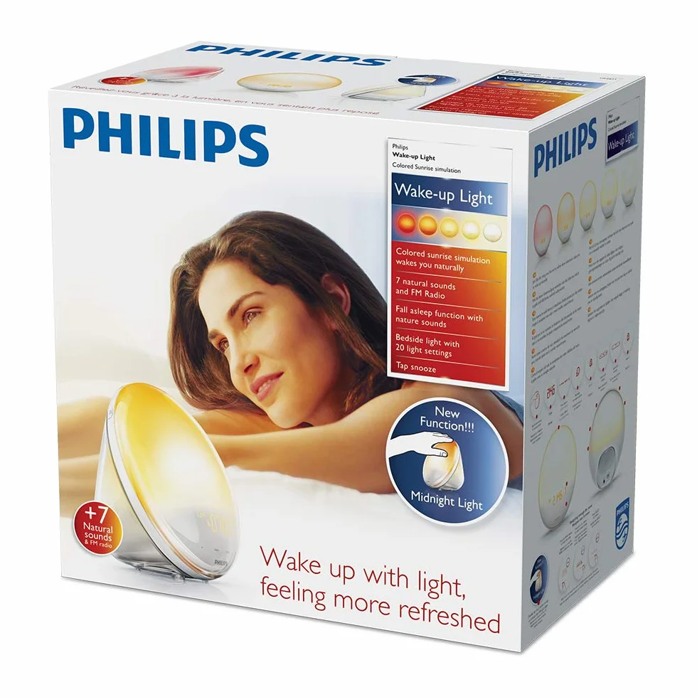 Philips SmartSleep Wake Up Light, kolorowa symulacja wschodu i zachodu słońca, 7 naturalnych dźwięków, radio FM i lampa do czytania, drzemka z kranem (model HF3531/01)