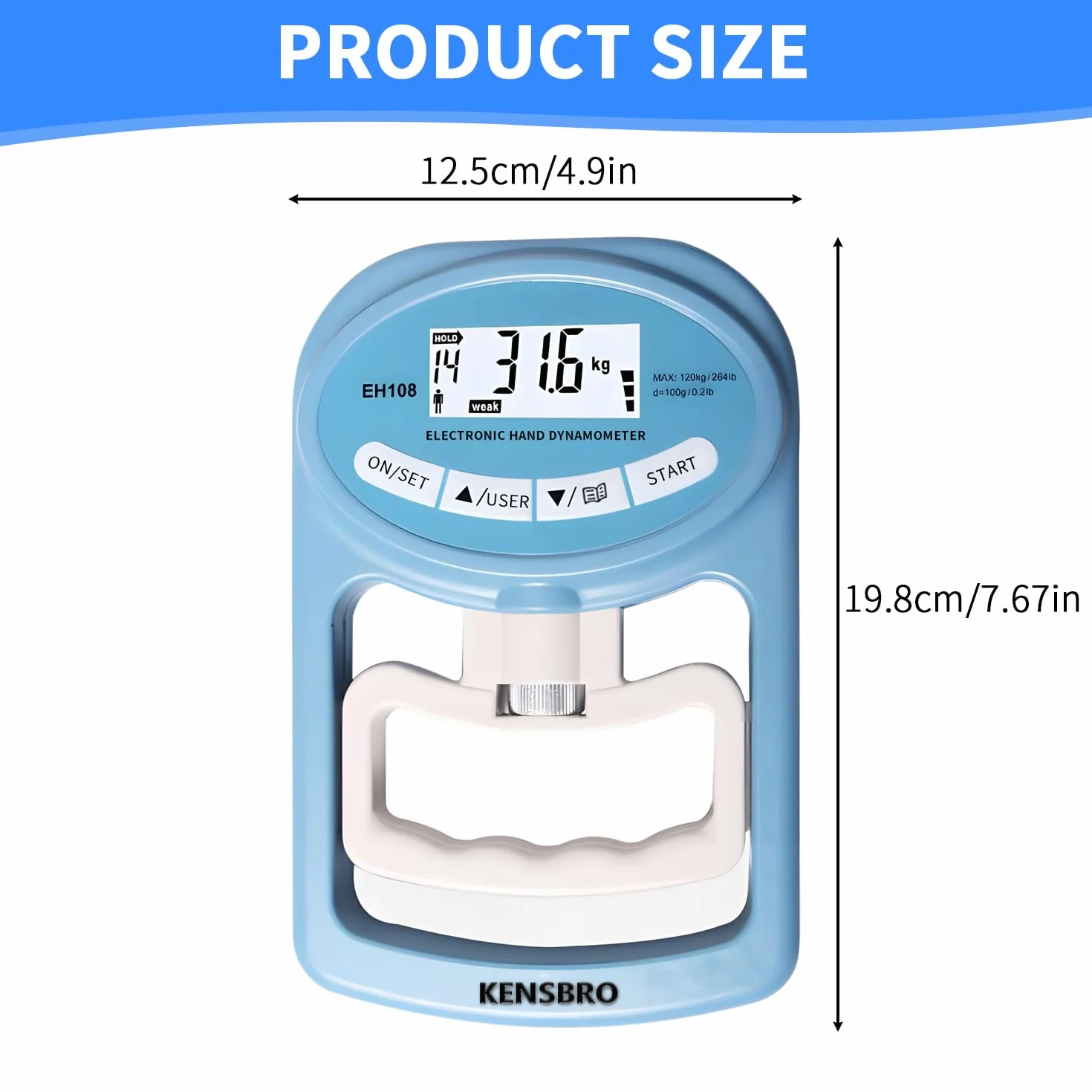 Cyfrowy dynamometr ręczny 120 kg/264 lb, miernik siły z ekranem LED i kablem USB
