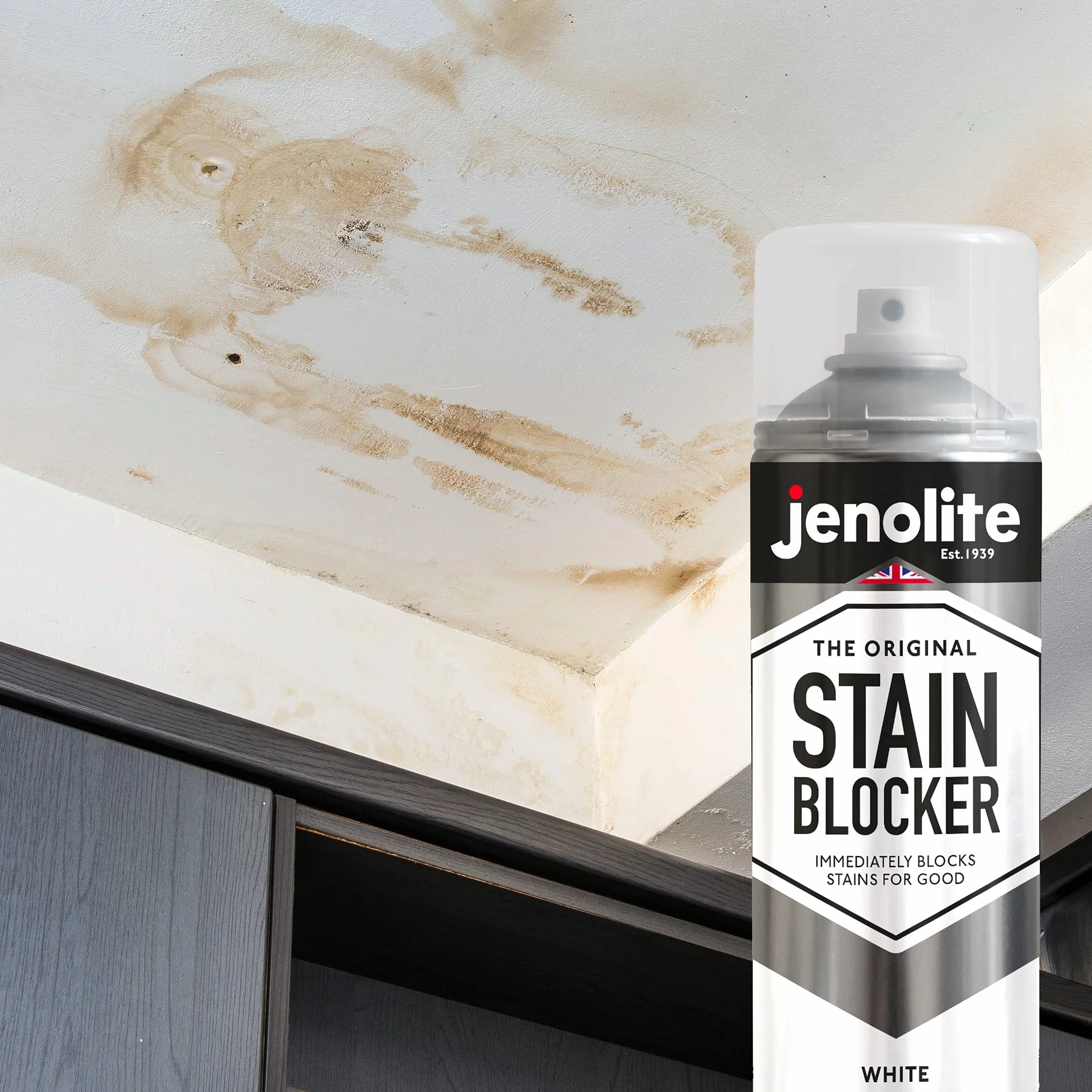 JENOLITE Farba w sprayu do blokowania plam, biała, natychmiast blokuje pleśń