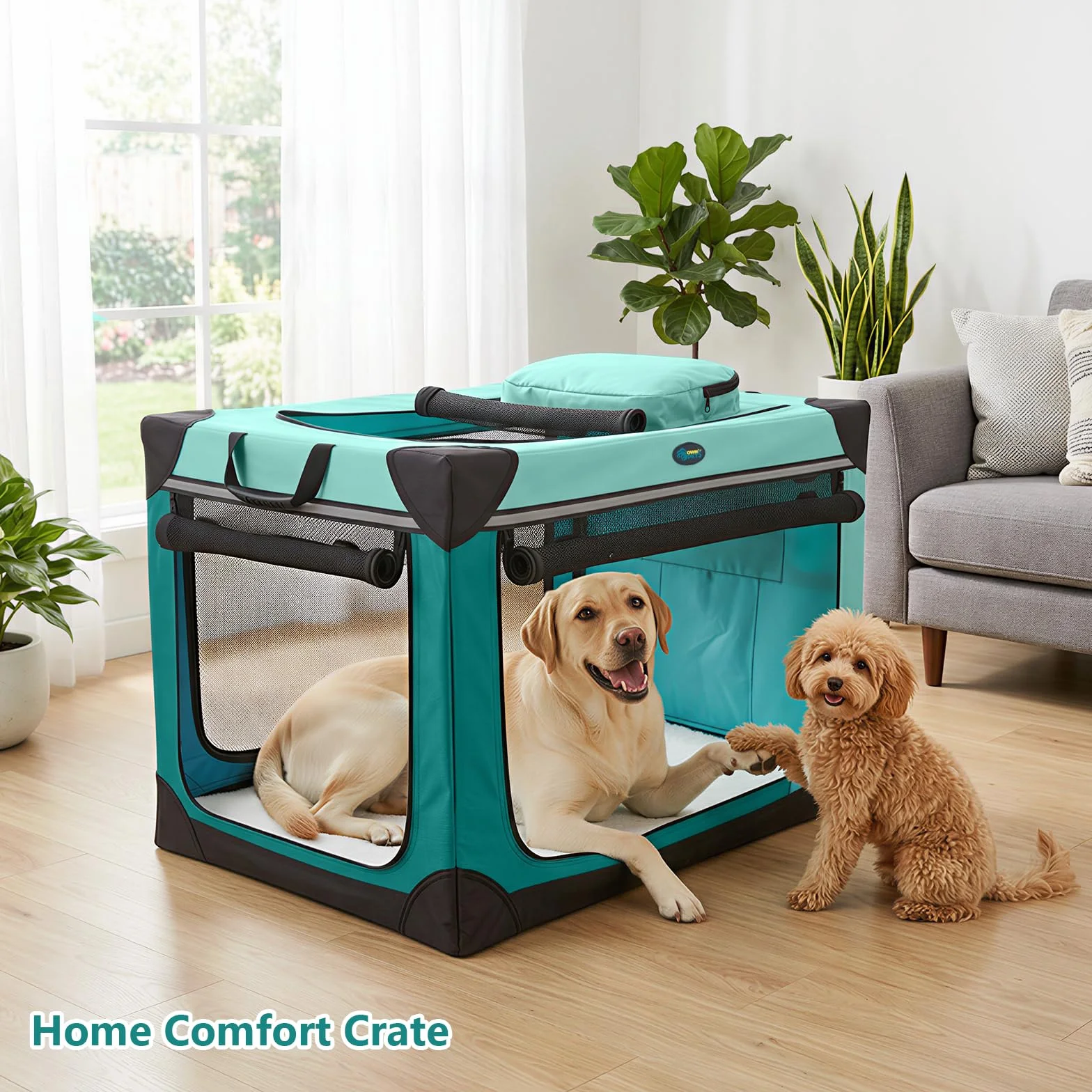 Ownpets Składana skrzynka podróżna dla psa z matą, 4-drzwiowa, 106,5 x 78,5 x 78,5 cm, przenośne nosidełko dla zwierząt domowych z lekką stalową ramą, dla dużych psów, miękka buda dla psów z odpinaną