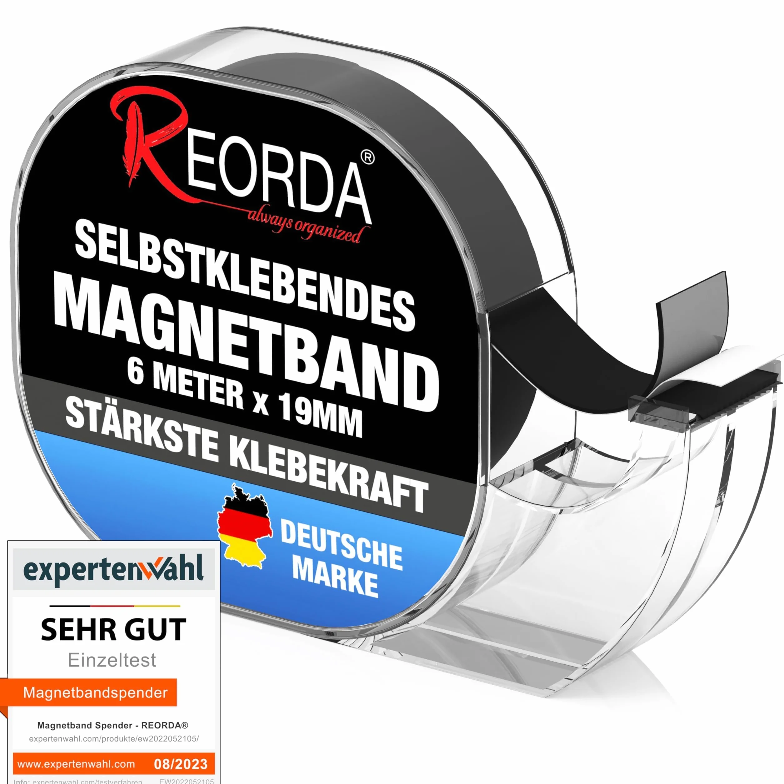 REORDA® Samoprzylepna taśma magnetyczna w dozowniku – paski magnetyczne – taśma magnetyczna doskonale nadaje się do kartek pocztowych, zdjęć i białych tablic (6 metrów)