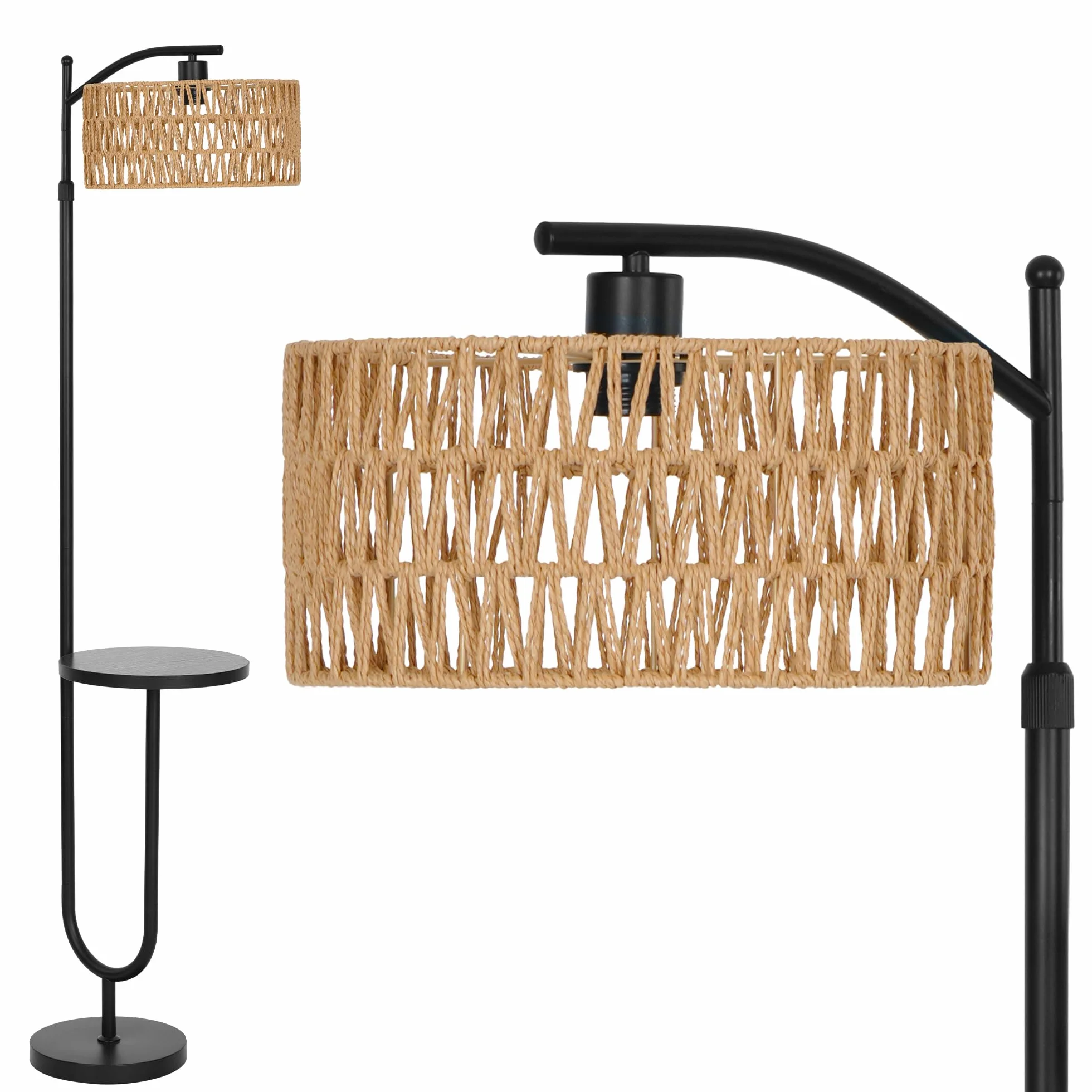 Vintage rattanowa lampa podłogowa do salonu - czarna lampa podłogowa w stylu retro z trzonkiem E27, wbudowana półka, regulowana wysokość 176 cm, Boho, kabel 2 m, przełącznik nożny