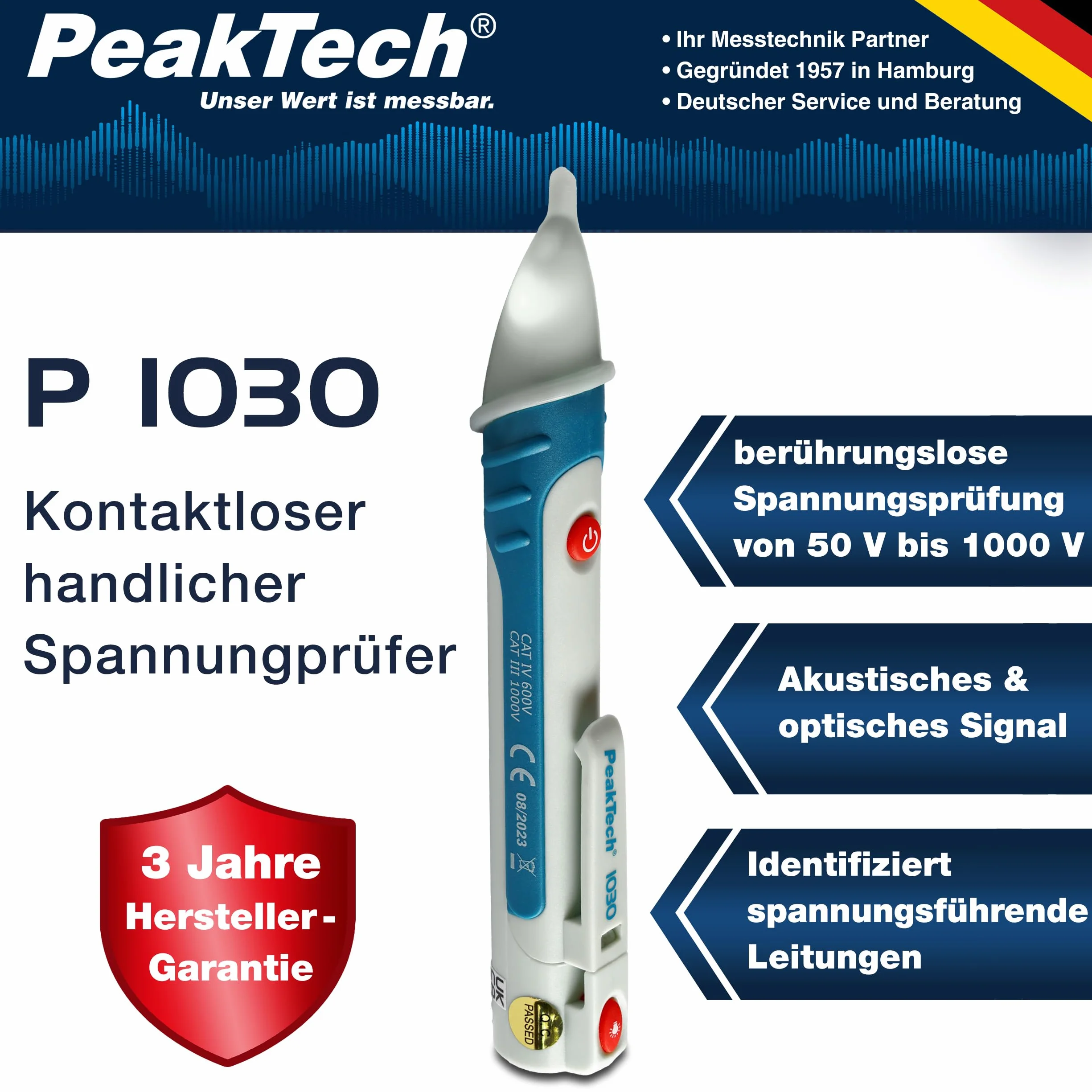 PeakTech P 1030 - Bezkontaktowy tester napięcia AC ~ 50 ... 1000 V AC ~ z alarmem i diodą LED
