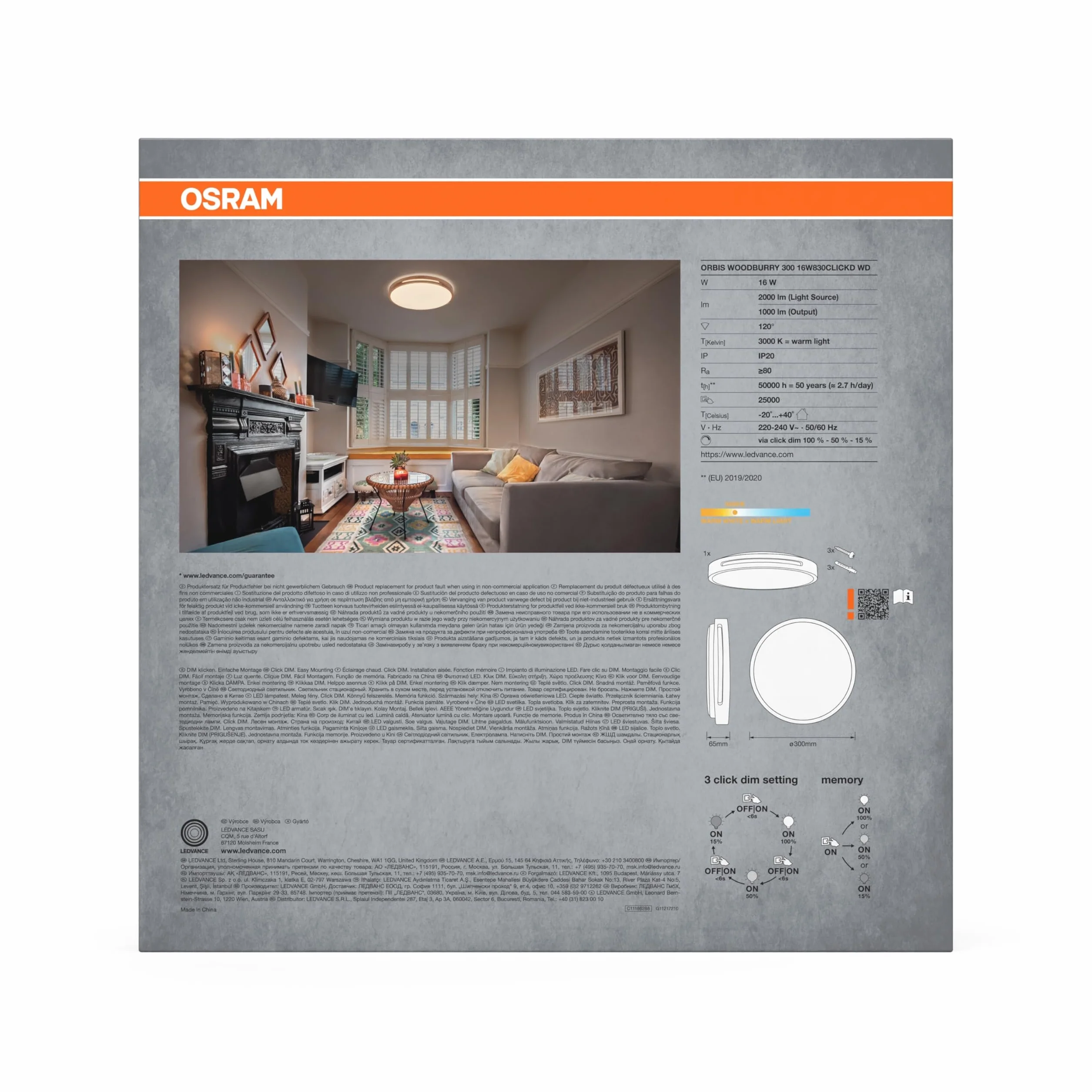 OSRAM ORBIS Woodburry lampa ścienna/sufitowa LED z dekorem drewnianym, 16 W, 1000 lm, 3000 K, średnica 300 mm, przyjazna ciepła biel 830, stopień ochrony IP20, w komplecie śruby montażowe i kołki