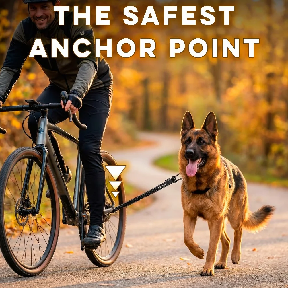BIKE AND DOG - Smycz dla psa do roweru, beznarzędziowe mocowanie w najbezpieczniejszym punkcie, zawiera 2 specjalne opaski rowerowe. Opatentowana. (Czarny)