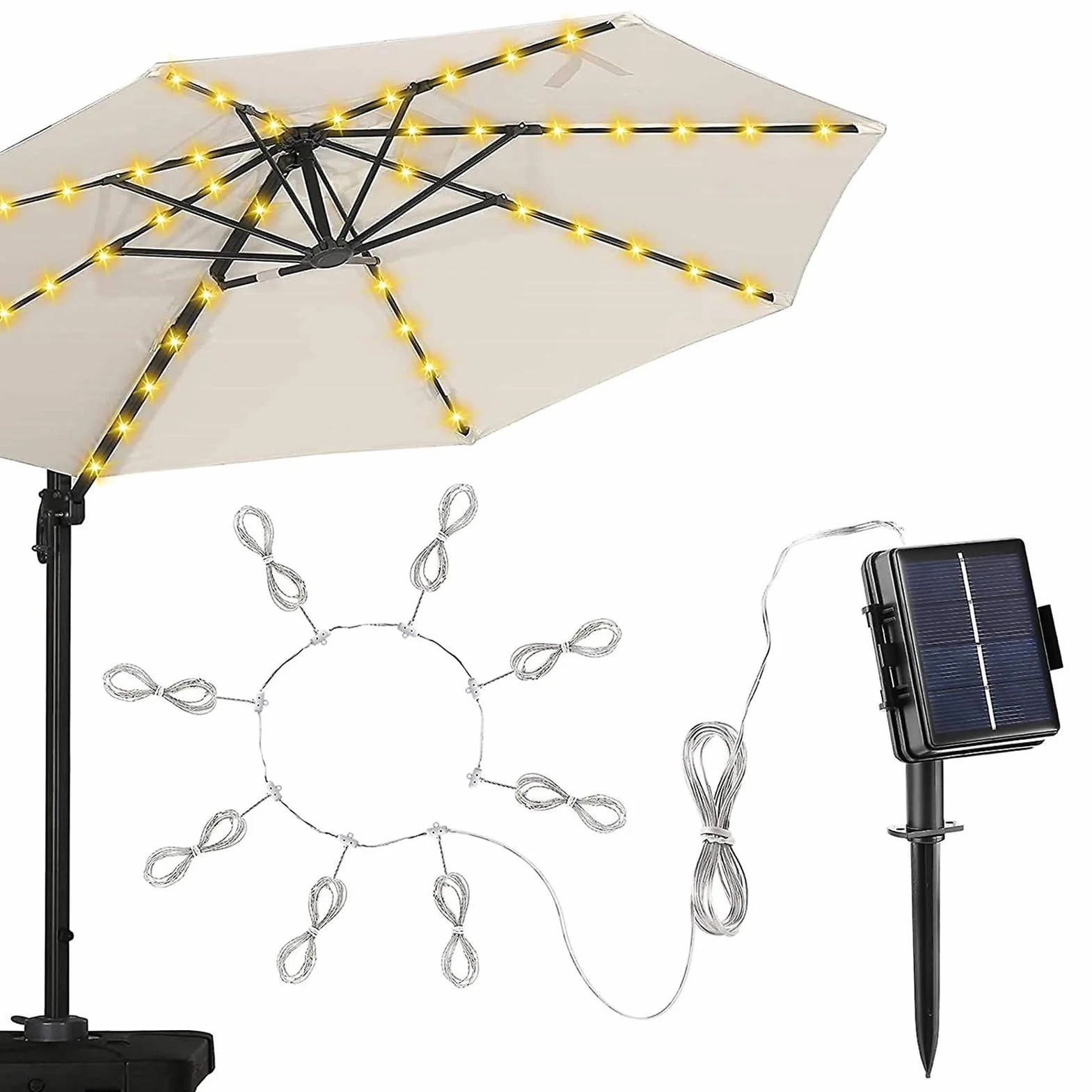 JINGLING Parasol przeciwsłoneczny z 104 solarnymi diodami LED, osłona wisząca na płozach z 8 trybami jasności – dekoracyjny parasol do użytku na zewnątrz jest odporny na wszystkie warunki