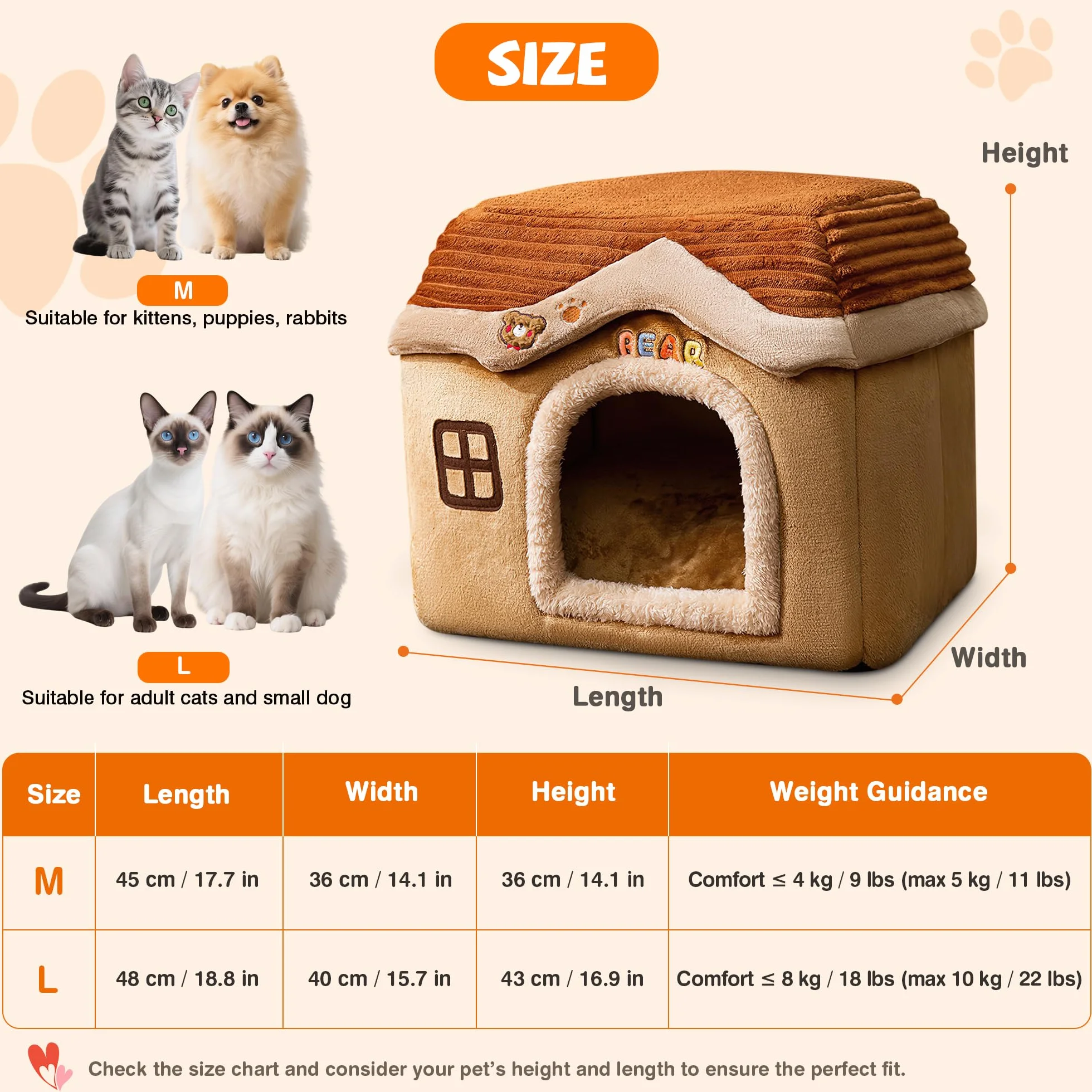 ALLSOPETS Ciepły Domek dla Kota i Psa, Składane Legowisko Jaskinia ze zdejmowaną poduszką, Miękkie i Pranie Legowisko dla Kociąt, Szczeniąt i Małych Zwierząt (Brązowy, M)